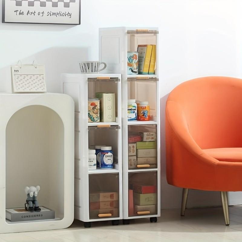 Space-saving rolling storage cabinet, Freestanding storage cabinet, flexible movement, layered storage, stable placement, suitable for balcony, bathroom, study room, multi-layer shelf, thickened material, narrow flip-top style