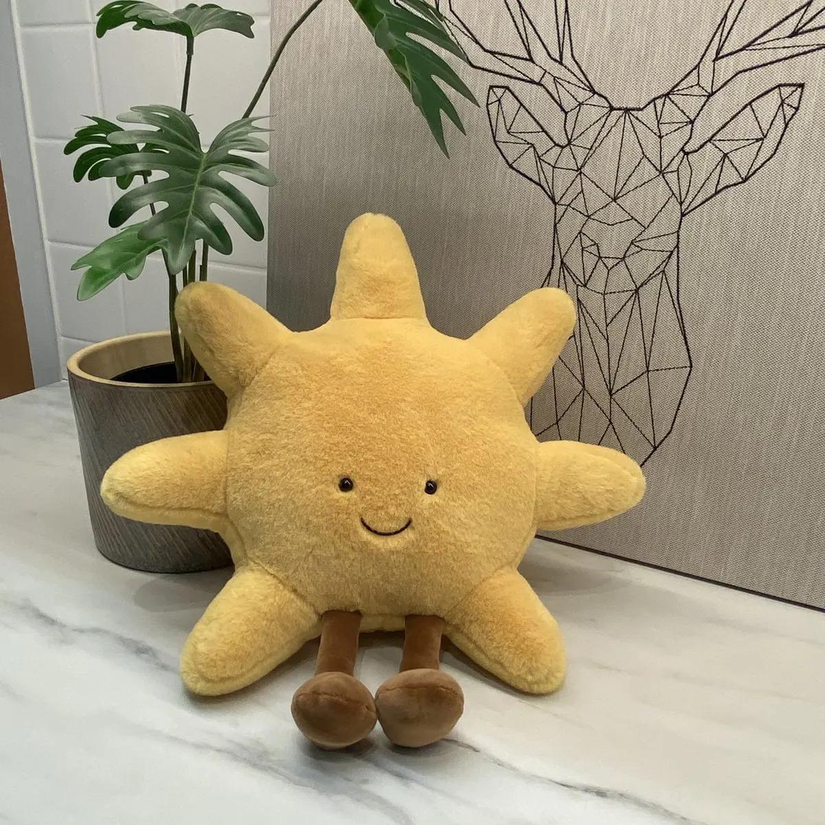 Adorable Smile Face White Moon Yellow Sun Plushie Stuffed Cute Cartoon Weather Plush Toy for Kid Bedroom Decor Sofa Throw Pillow
