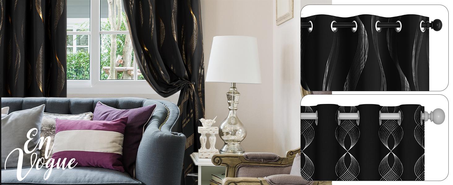 Deconovo Blackout Curtains - 2 Panels, Golden Wave Stripe Print | Thermal Insulated & Soundproof Drapes with Grommets for Living Room & Bedroom