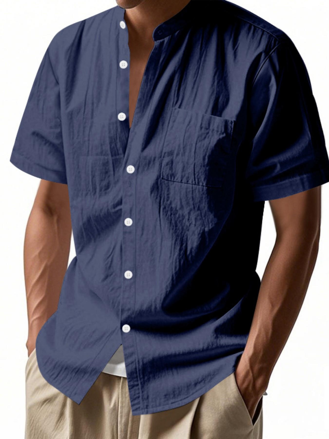 Men's Stand Collar Short Sleeve Shirt, Textured Half Button Front Chest Pocket Top, Breathable Casual Business Versatile Blouse