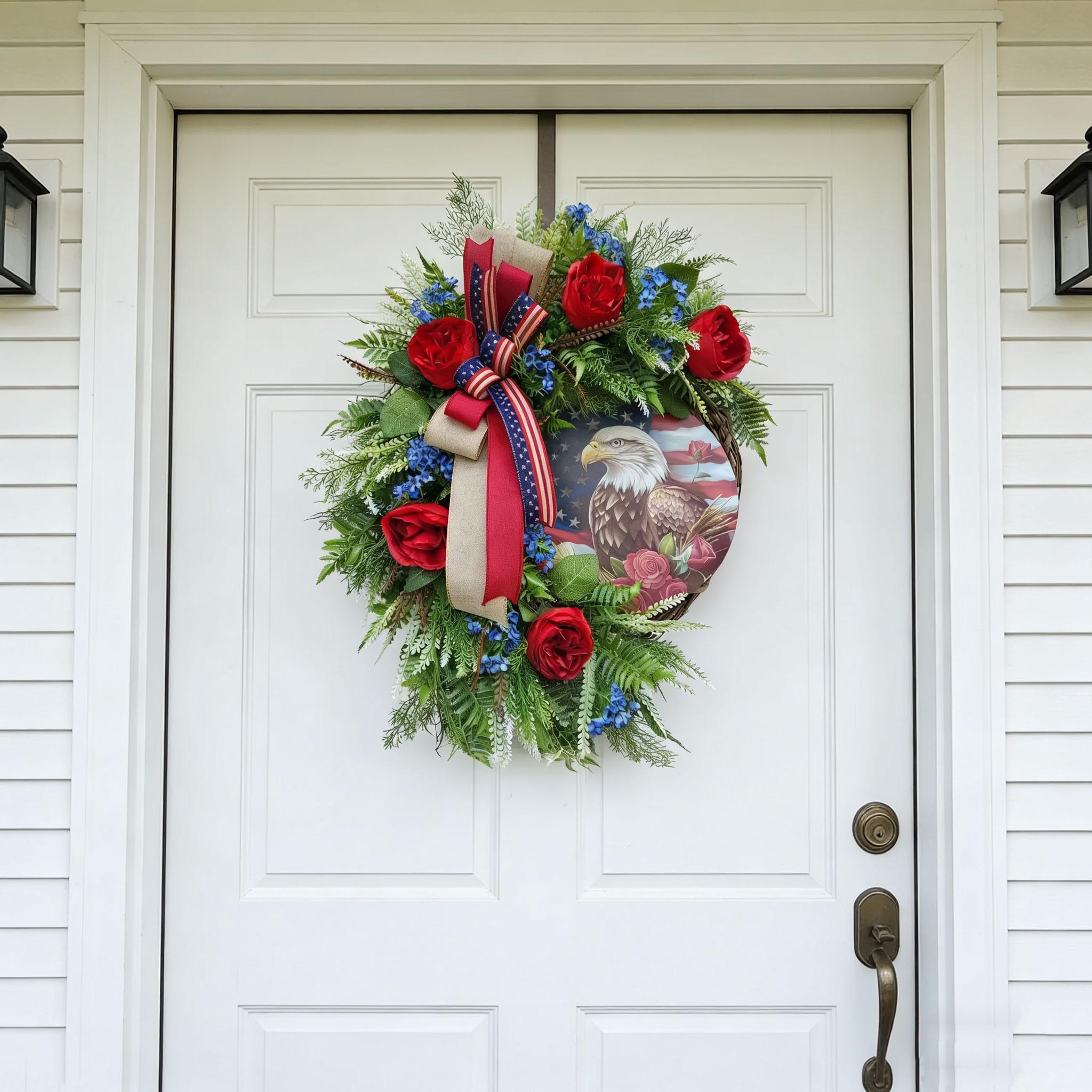 Patriotic Bald Eagle Wreath, Independence Day Memorial Decoration, Rose American Flag Wreath, Rustic Door Hanging, Indoor Outdoor Decor