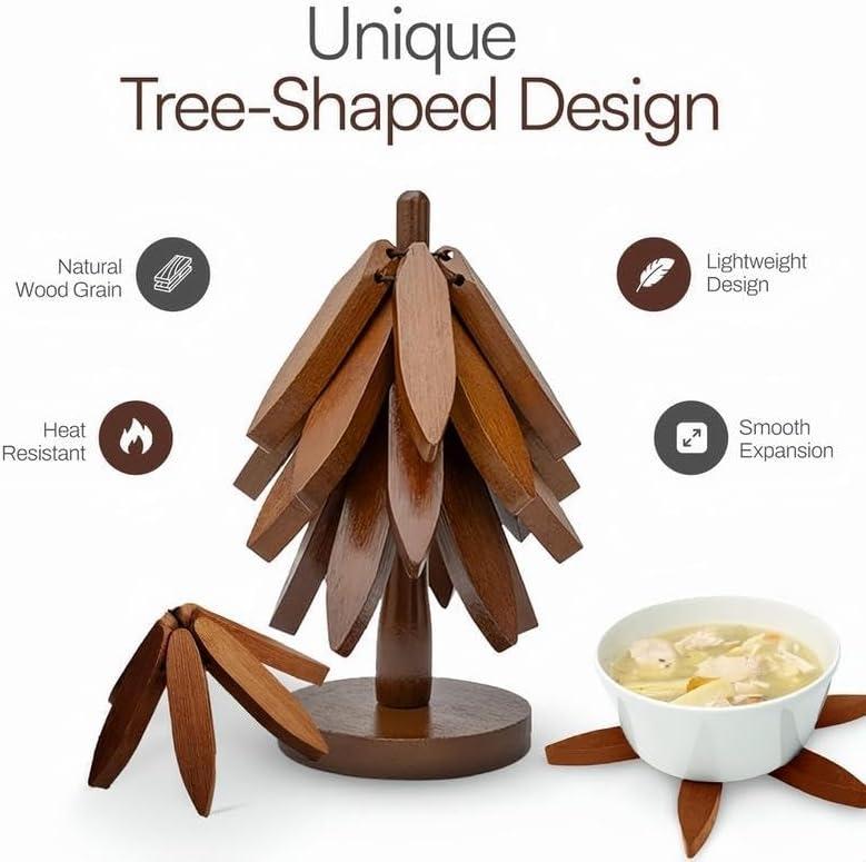 Tree-Shaped Wooden Heat Insulating Pad Set, 4 Walnut Pads + 1 Stand, Foldable Design, High-Temperature Kitchen Mat, Ideal for Hot Dishes, Pots, Bowls, Teapots