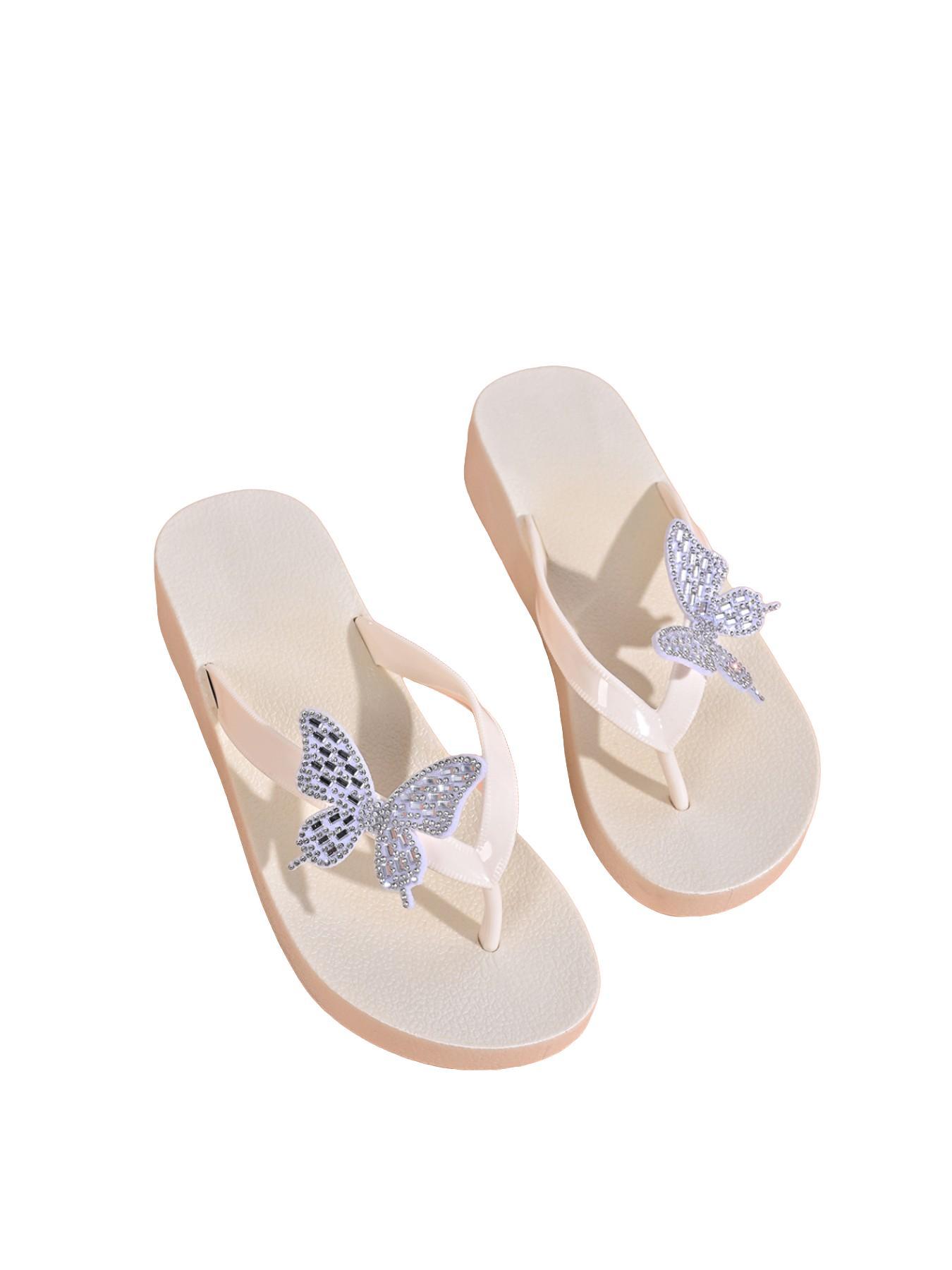 Women's Rhinestone Butterfly Sandals, Wedge Thick Sole Anti-Slip Slippers, Soft Comfortable, Beach Vacation Daily Wear