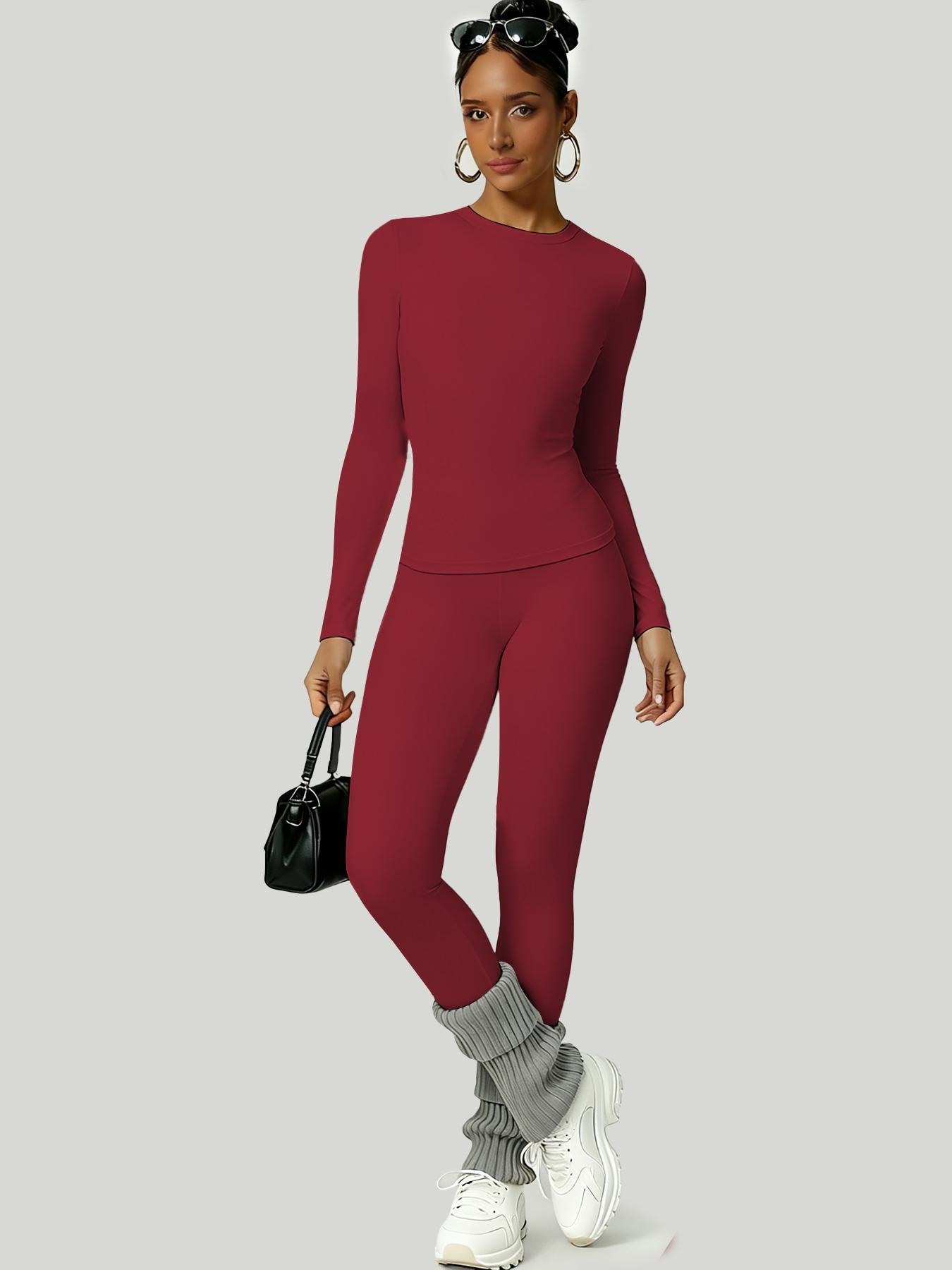 Women's Simple Solid Color Sportswear Set, Comfortable T-Shirt & Slimming High-Waisted Pants, Ideal for Fall & Winter Yoga Sports, Yoga Tracksuit Set