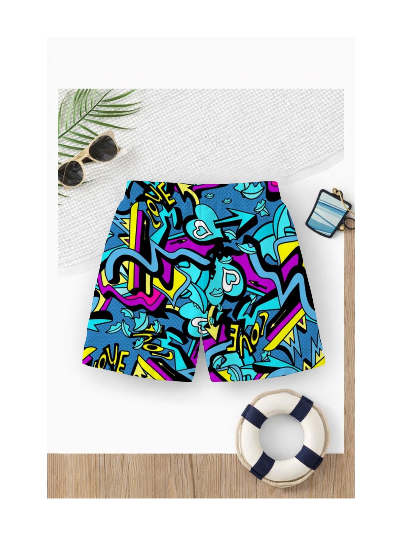 Summer Kids Street Graffiti Print Drawstring Beach Pants, Boys' Loose Fit Trendy Swim Trunks, Casual Short Beachwear for Children