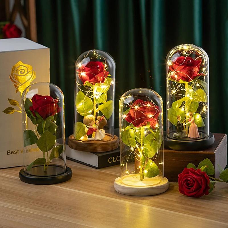 Eternal Rose Flowers Artificial Foil Flower in Glass Glow Immortal Flower LED Roses Lamp Flores Eternas Valentine's Day Gift Light Up Rose