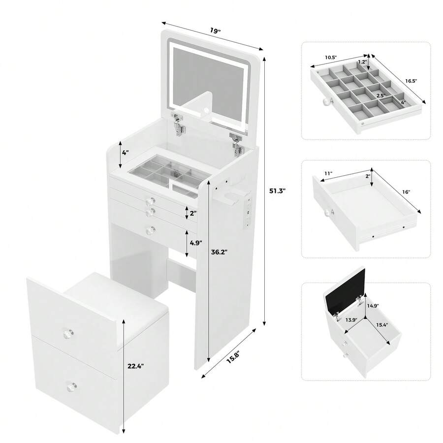 3-in-1 Compact Makeup Vanity Desk Flip LED Mirror Power Outlet 3 Drawers Storage Stool Small Dressing Table Gift for Women Girls 3-in-1 Compact Makeup Vanity Desk Flip LED Mirror Power Outlet 3 Drawers Storage Stool Small Dressing Table Gift for Women Girls