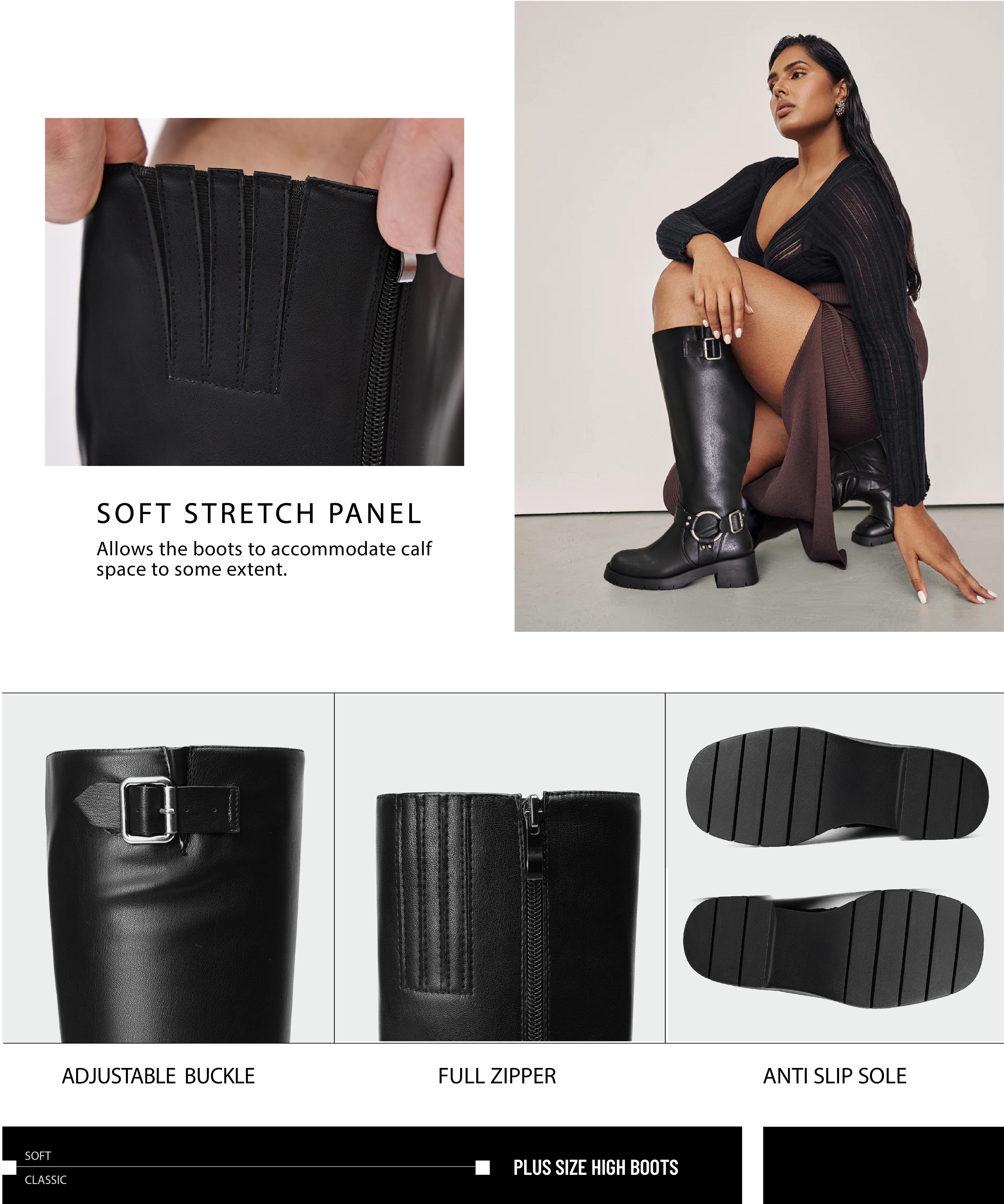 Wide Calf Boots for Women - Knee High Square Toe Wide Width Platform Plus Size Tall Boots with Side Zip, Elastic bands Buckle Chunky Heel Wide Leg Fashion Motorcycle Boot for Spring Fall, Valentine's Gift