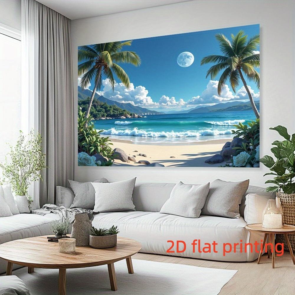 2D Flat Seaside Background Decoration Supplies, 1 PC Hawaiian Beach Scene Hanging Cloth - Tropical Party Banner with Palm Trees, Waves and Full Moon, Perfect Gift for Weddings, Birthdays, Anniversaries and All Seasons Home and Event Decoration, Hawaiian P