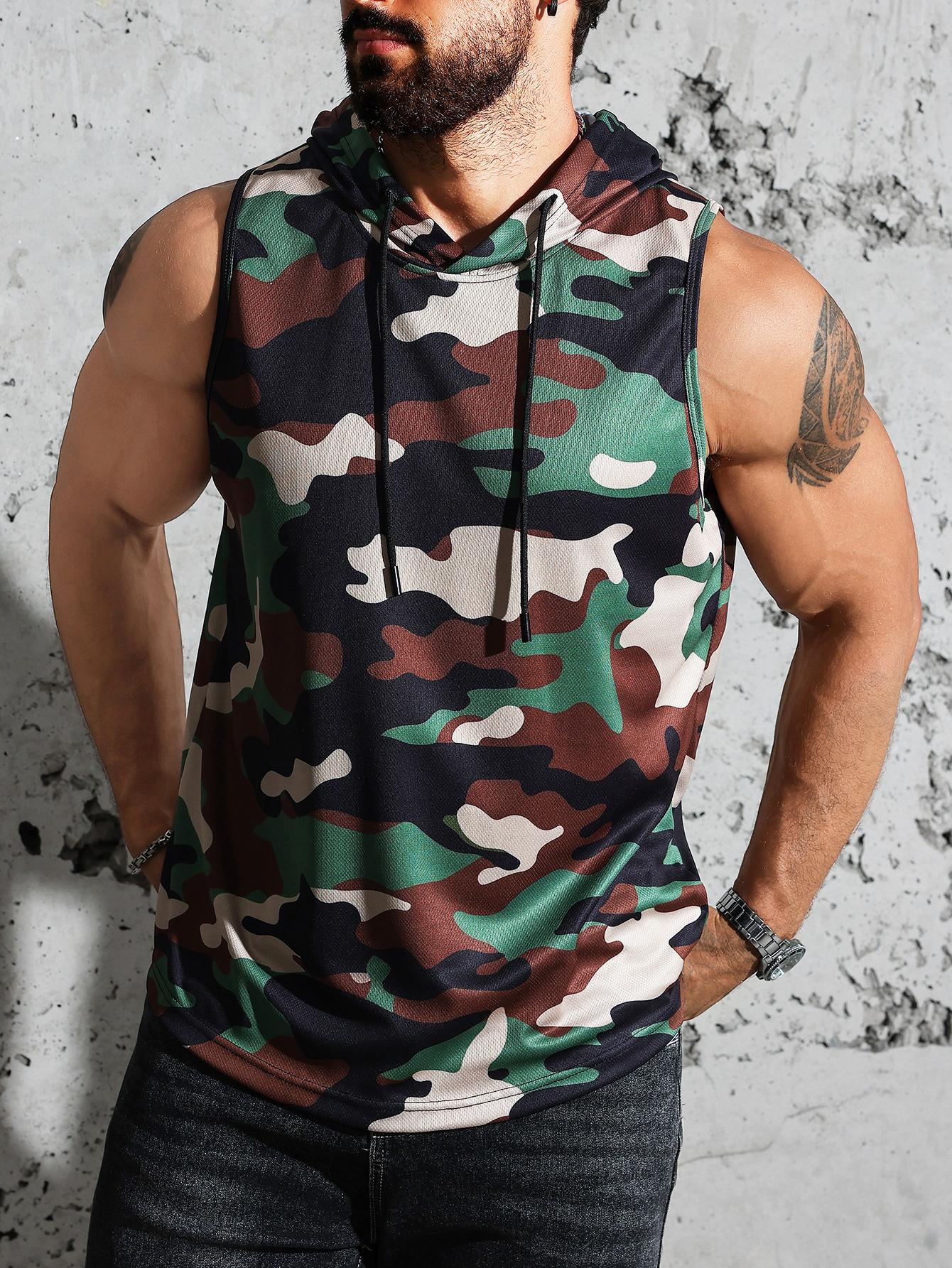 Men's Lightweight Polyester Camouflage Hooded Vest - Breathable, Sleeveless Sporty Design for Gym, Running - Machine Washable