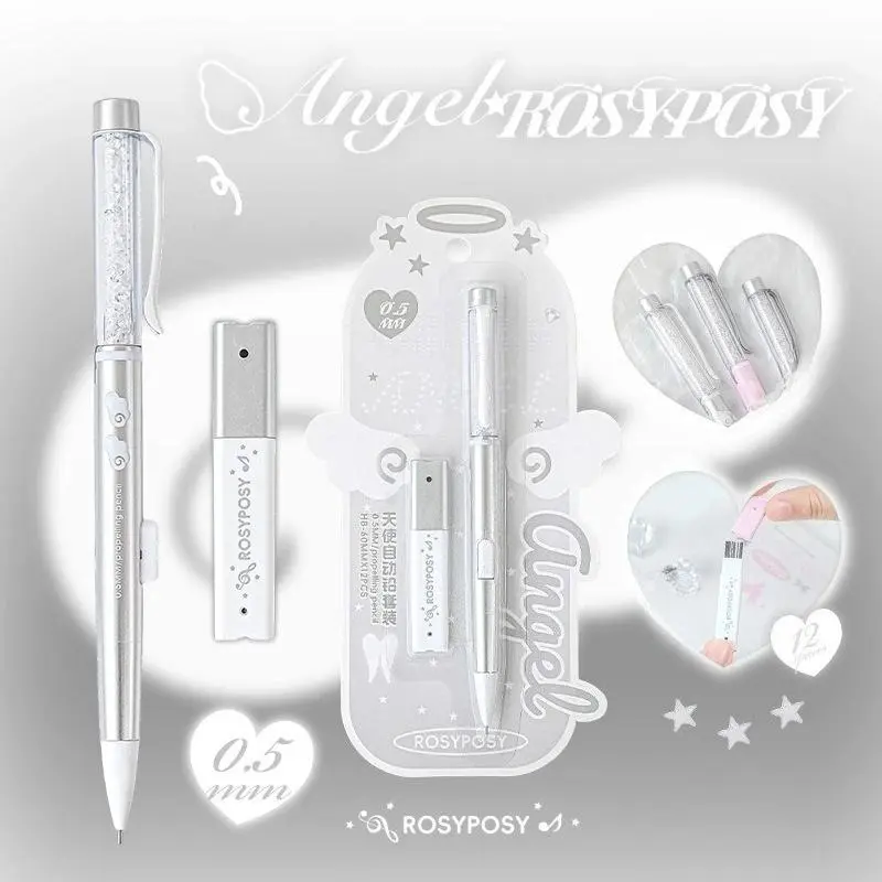 Angel Automatic Pencil Set 0.5HB Glitter Crystal Mechanical Pencil Push Button Cute Student Writing Tools Kawaii School Supplies