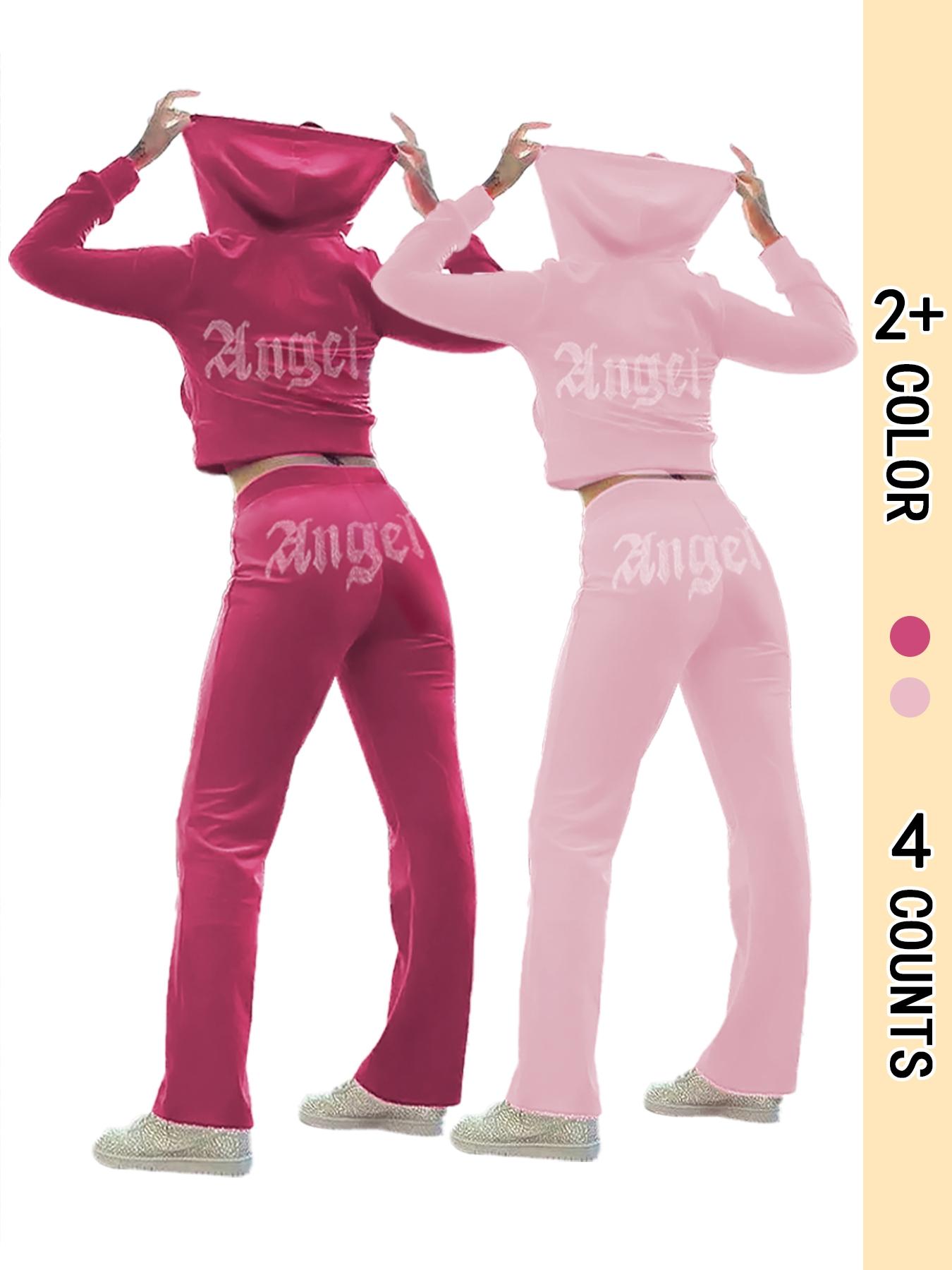 Women's "Angel" Rhinestone Letter Decor Pants Set, Casual Zip Up Hoodie & Elastic Waist Pants Set for Spring & Fall, Women's Clothes