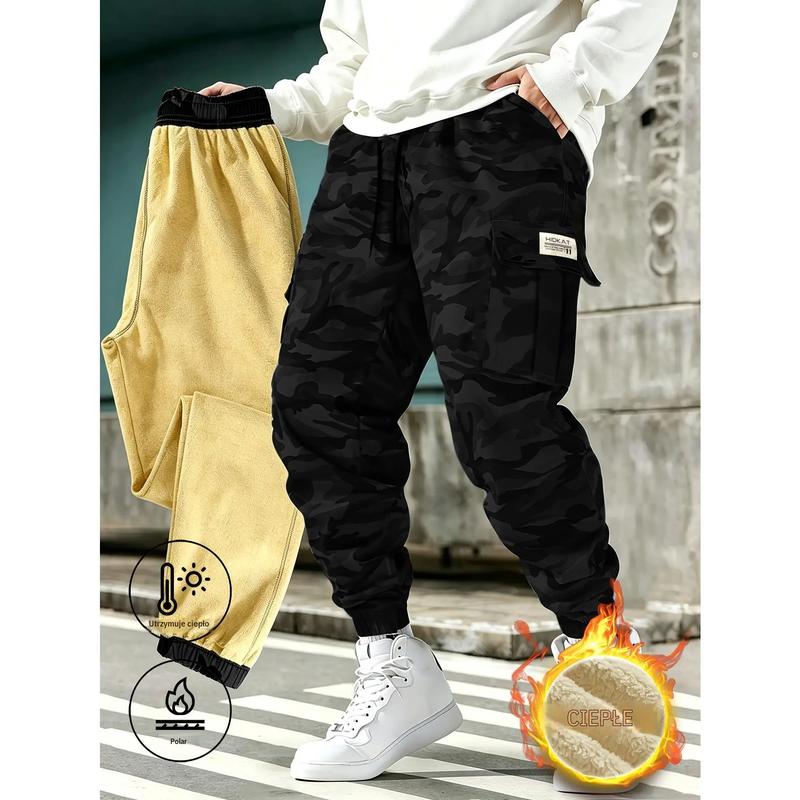 Men's Fleece Lined Camo Cargo Joggers, Soft Warm Street Style Winter Pants with Multi Functional Pockets, Cuffed Ankle, Ideal for Home Lounging & Outdoor Outings