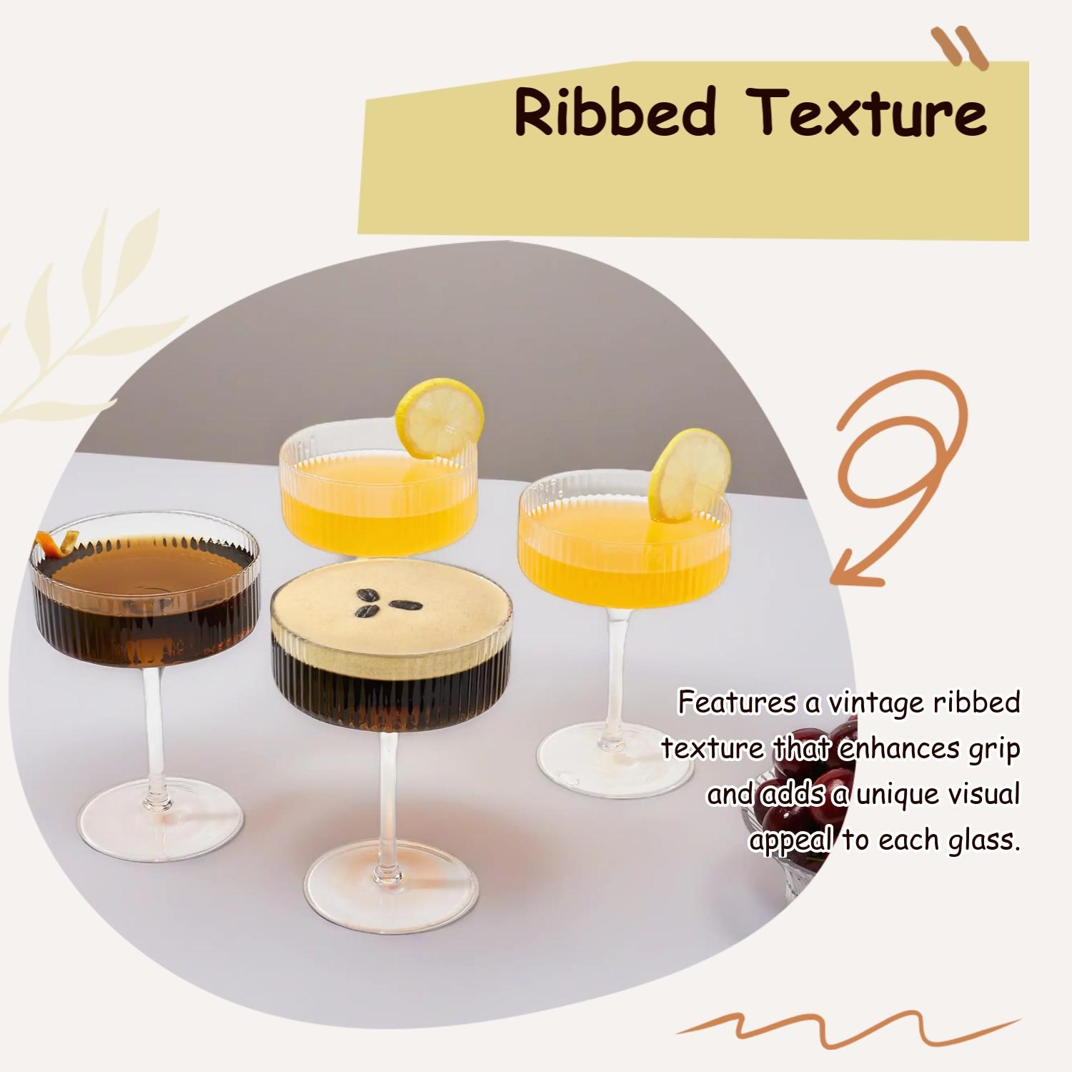 Vintage Ribbed Coupe Glass, 2/4 pcs Wine Glass Set Elegant Crystal Stripe Martini Glasses for Champagne, Margarita, Espresso, Perfect for Parties & Gifts, Drinkware