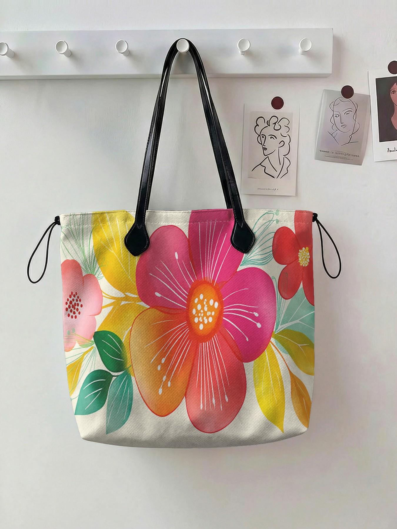 Floral Pattern Drawstring Tote Bag, Large Capacity Shopping Bag, Durable All Season Use, Perfect for Work, Shopping, Picnic