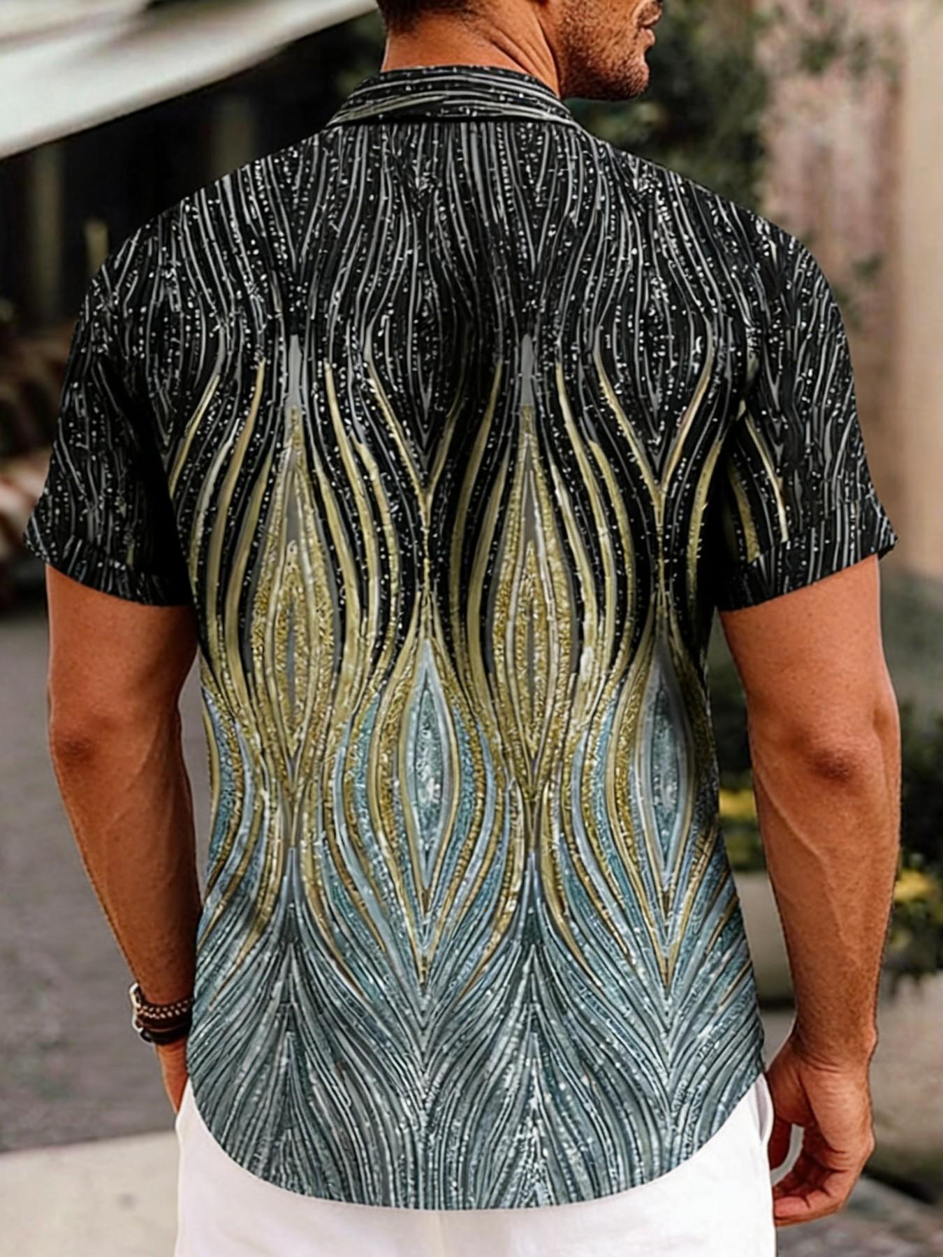 Men's Gradient Wave Gold Foil Print Short Sleeve Shirt, Summer Casual Vacation Style Collar Open Front Jacket, Trendy Unique Floral Blouse