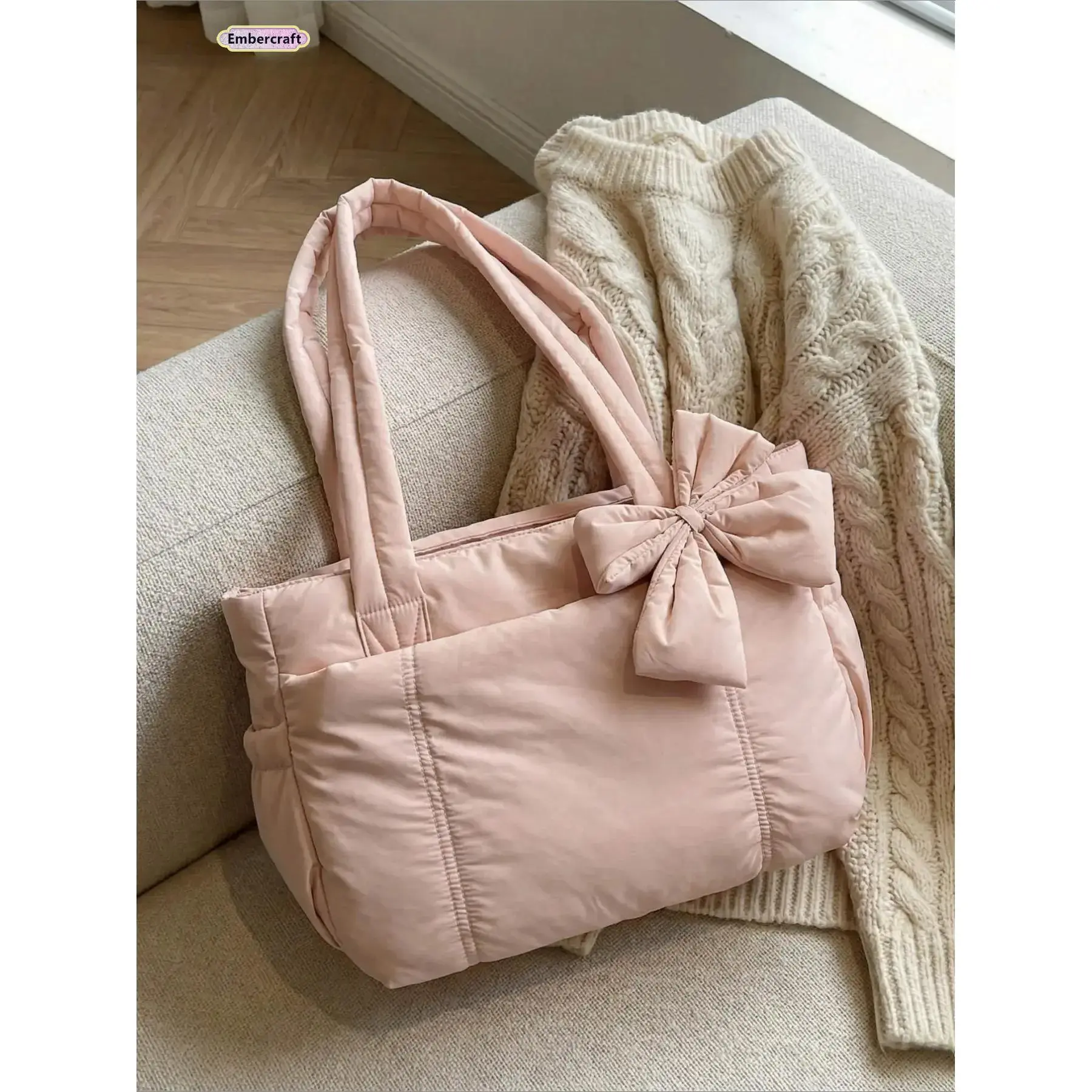 Women's Quilted Embellished Shoulder Bag - Pink Bow Adds Personality, Lightweight Tote, Roomy Purse for Daily Commuter, Work Use