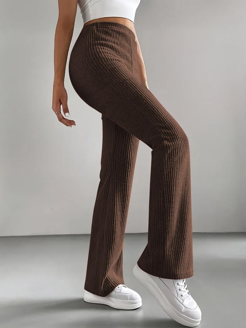 Women's Home Pants Set, 3-Piece Plain Ribbed Striped Straight-Leg Bell Bottoms, Comfortable Casual Long Pants for Spring Fall Winter