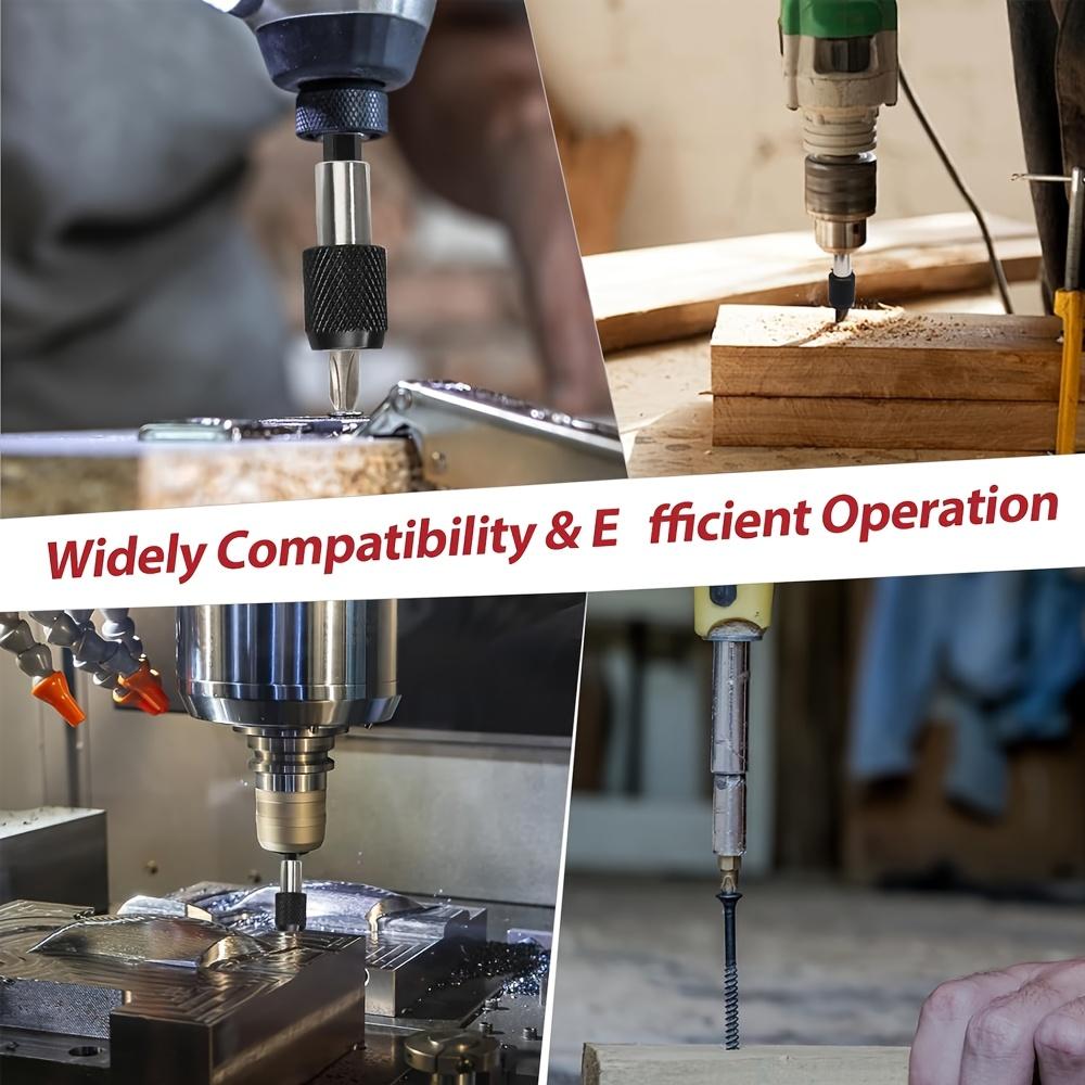 Set of 5 Magnetic Bit Holders with 1/4" Hex Shank, designed for quick release. These enhanced features include a drill bit extension rod and a chuck adapter suitable for screws and nuts.