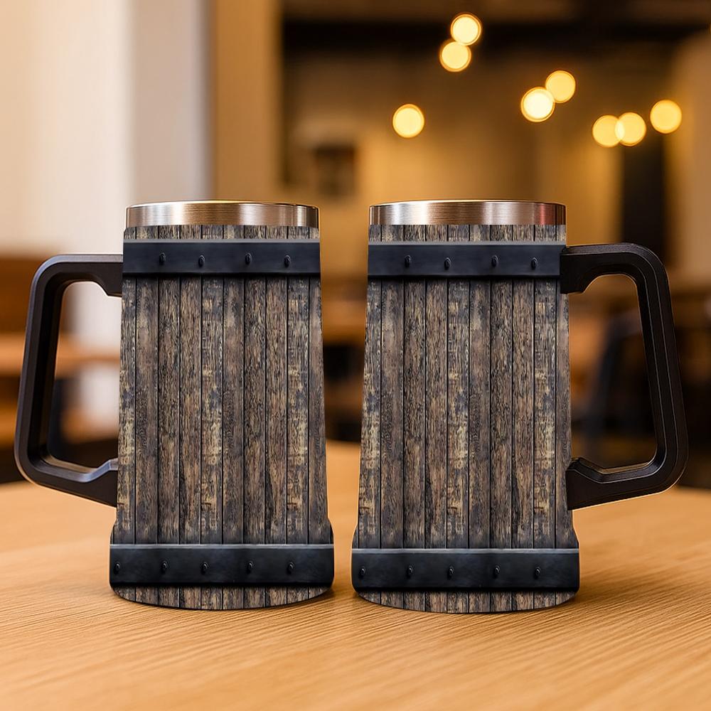 1pc 24oz Barrel Texture Stainless Steel Beer Mug With Big Handle, Vintage Rustic Wood Barrel Print Double Wall Insulated Travel Coffee Beer Cup, Leakproof Large Capacity Water Tumbler For Bar Pub Camping, Retro Western Gift For Men Beer Lovers