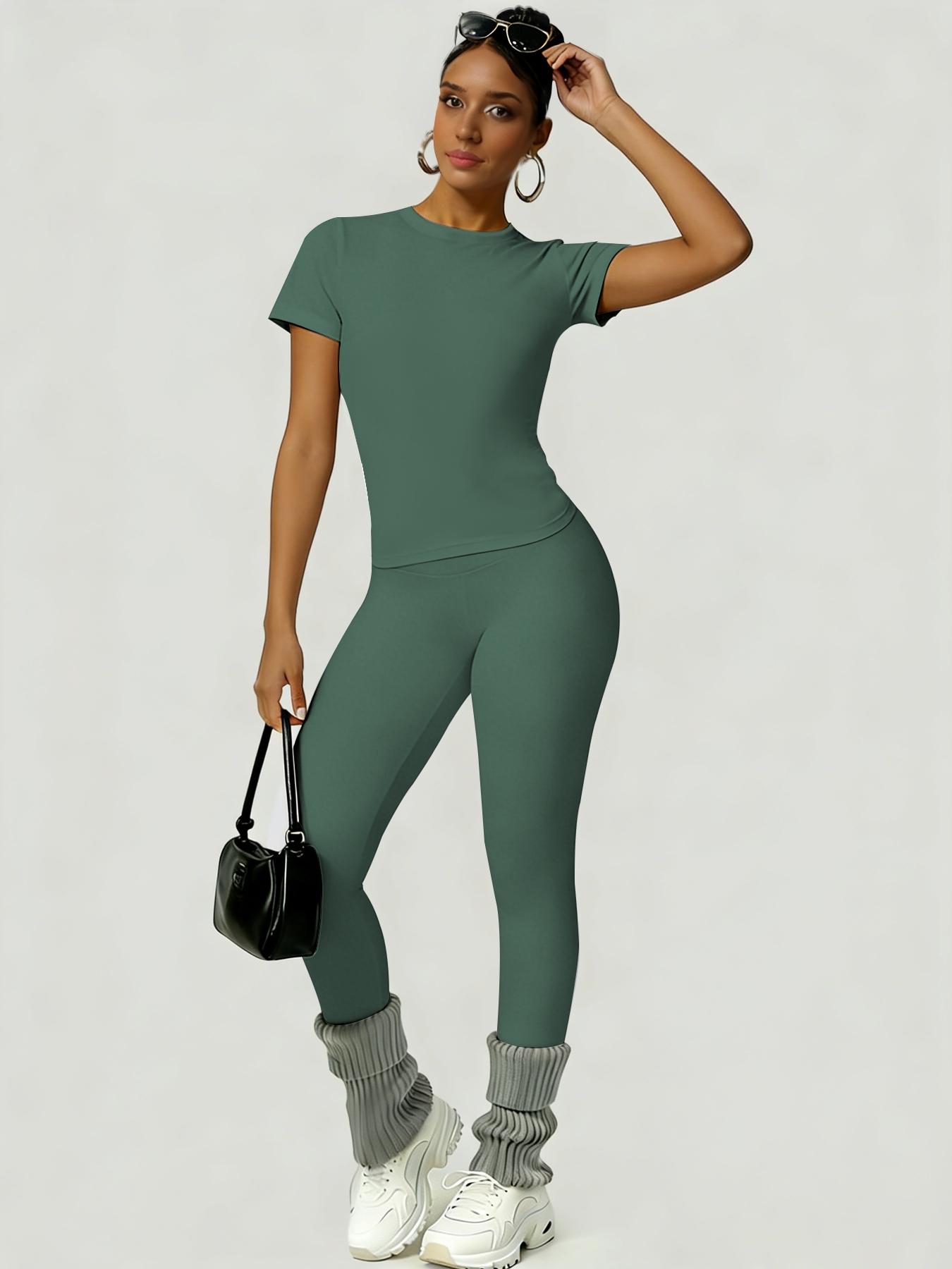 Women's Sportswear Set, Athletic Style Activewear, Slim-Fit Round Neck Short Sleeves & High-Waisted Yoga Pants, Ideal for Gym Running Outdoor Activities, Gym Sets