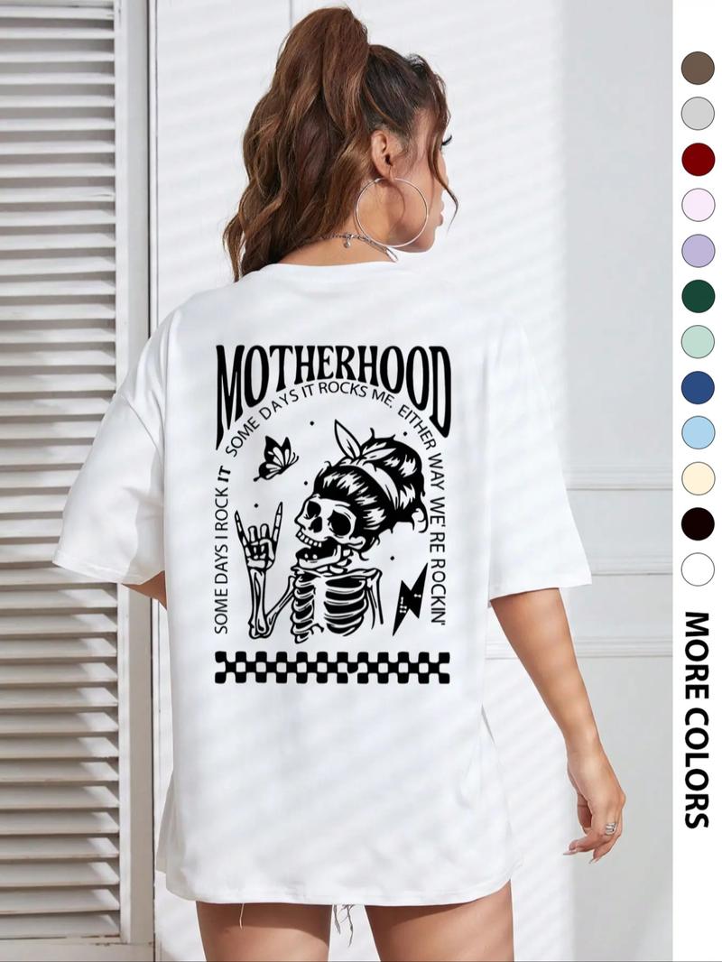 Women's Skull & Letter Graphic Round Neck Tee, Casual Fashion Drop Shoulder Half Sleeve T-Shirt for Daily Wear, Ladies Clothes for All Seasons