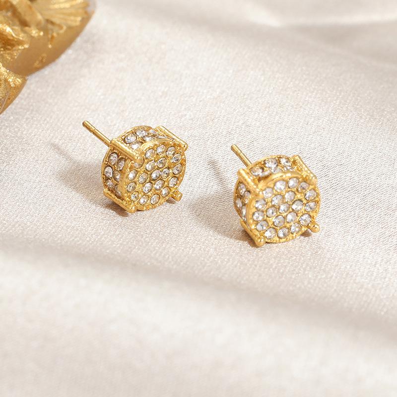 Full Diamond Hip Hop Men's Ear Stud Zircon Micro-Set Plated Round Earrings for Women