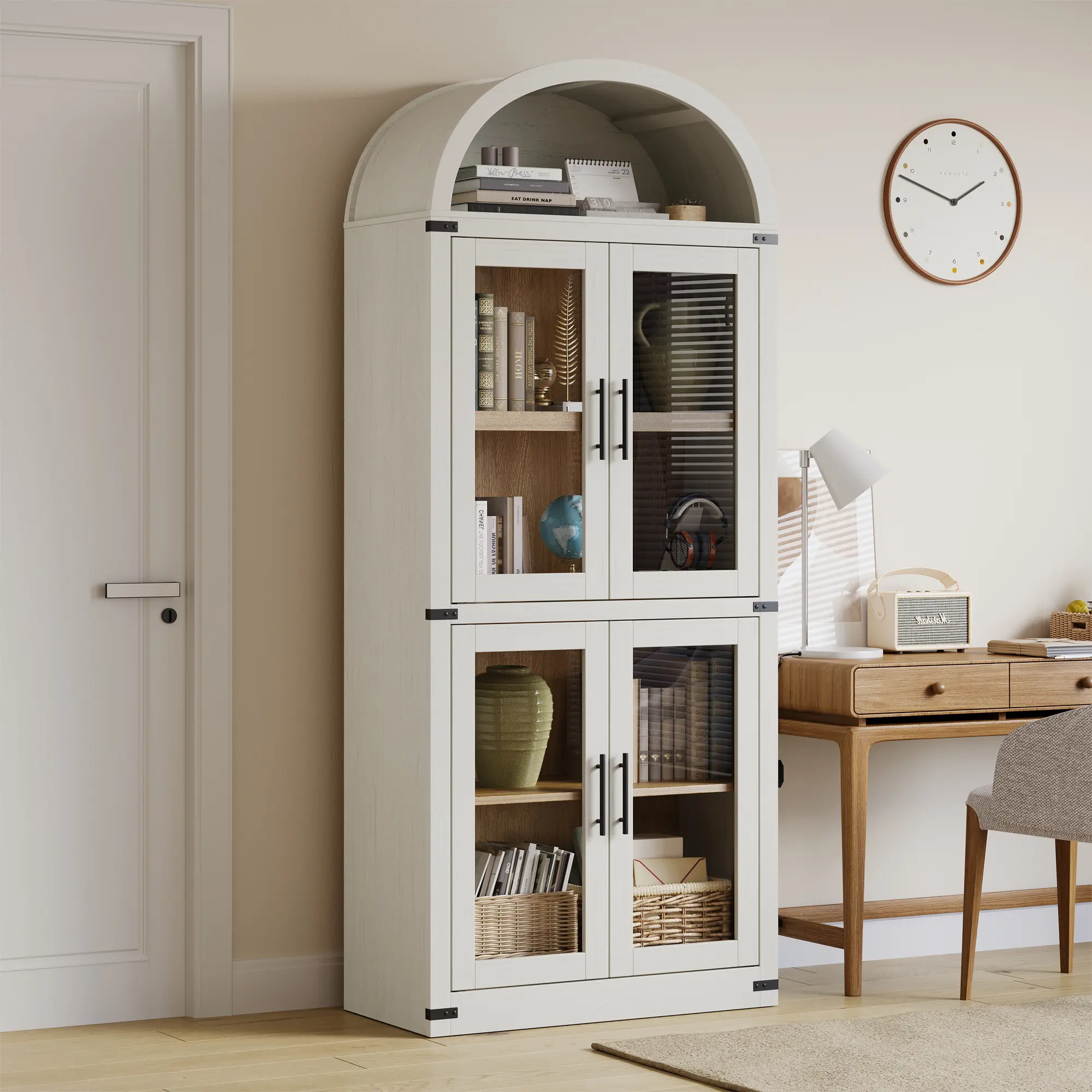71" Arched Bookcase Cabinet – 4-Tier Glass Door Display, Slim Profile, Anti-Tip, Antique White