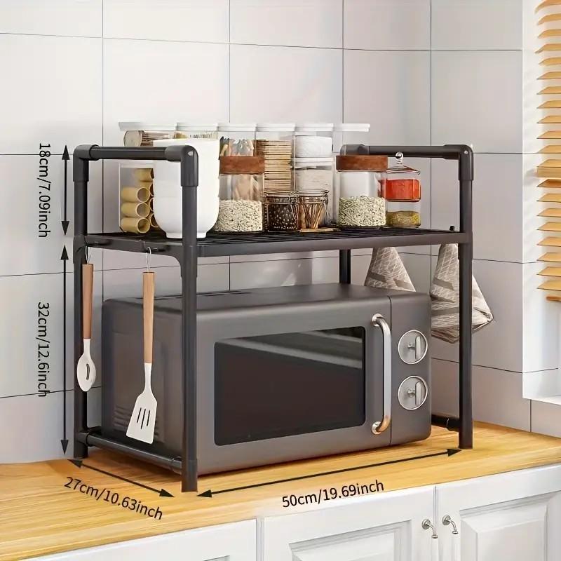 Multi-Layer Kitchen Storage Rack with Hooks, Space Saving Countertop Organizer, Easy Assembly, Ideal for Condiment Jars and Utensils