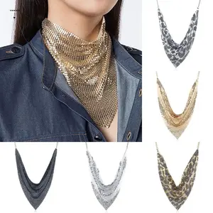 Fashion Vintage Metal Triangular Scarf Chain Choker Glittering Leopard Print Necklace Sequin Aesthetic Detachable Collar Banquet