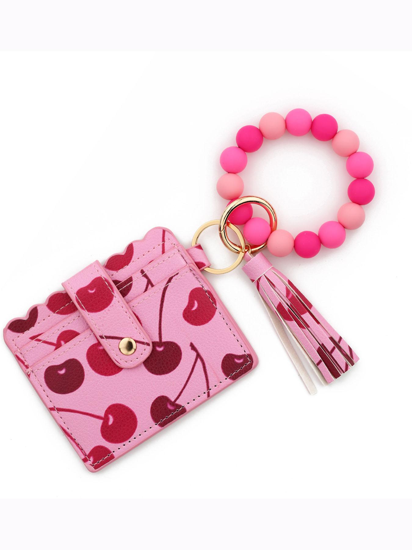 Cute Patterned Beaded Keychain Wallet, Compact Card Holder with Tassel Wristlet, Portable Accessory for Women