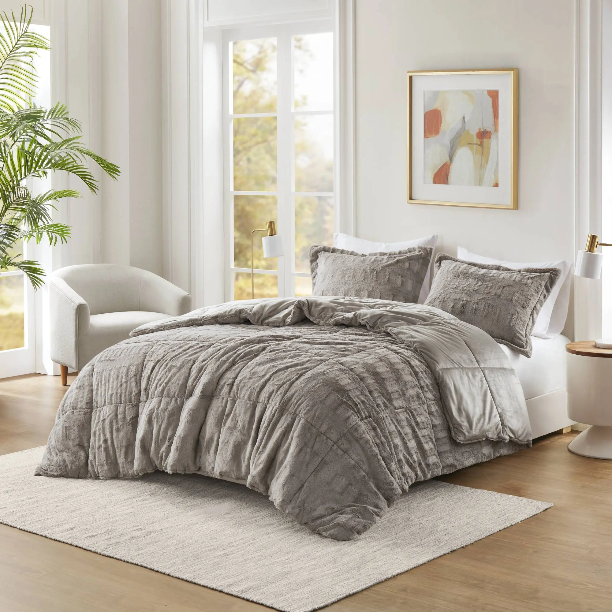 Nokaa 3-Piece King/Cal King Solid soft plush Comforter Mini Set, Plush Bedding Collection, Soft Fluffy Blanket, Cozy Warm Bedspread, Gray, Machine Washable, for Bedroom Guest Room, 3 PCS