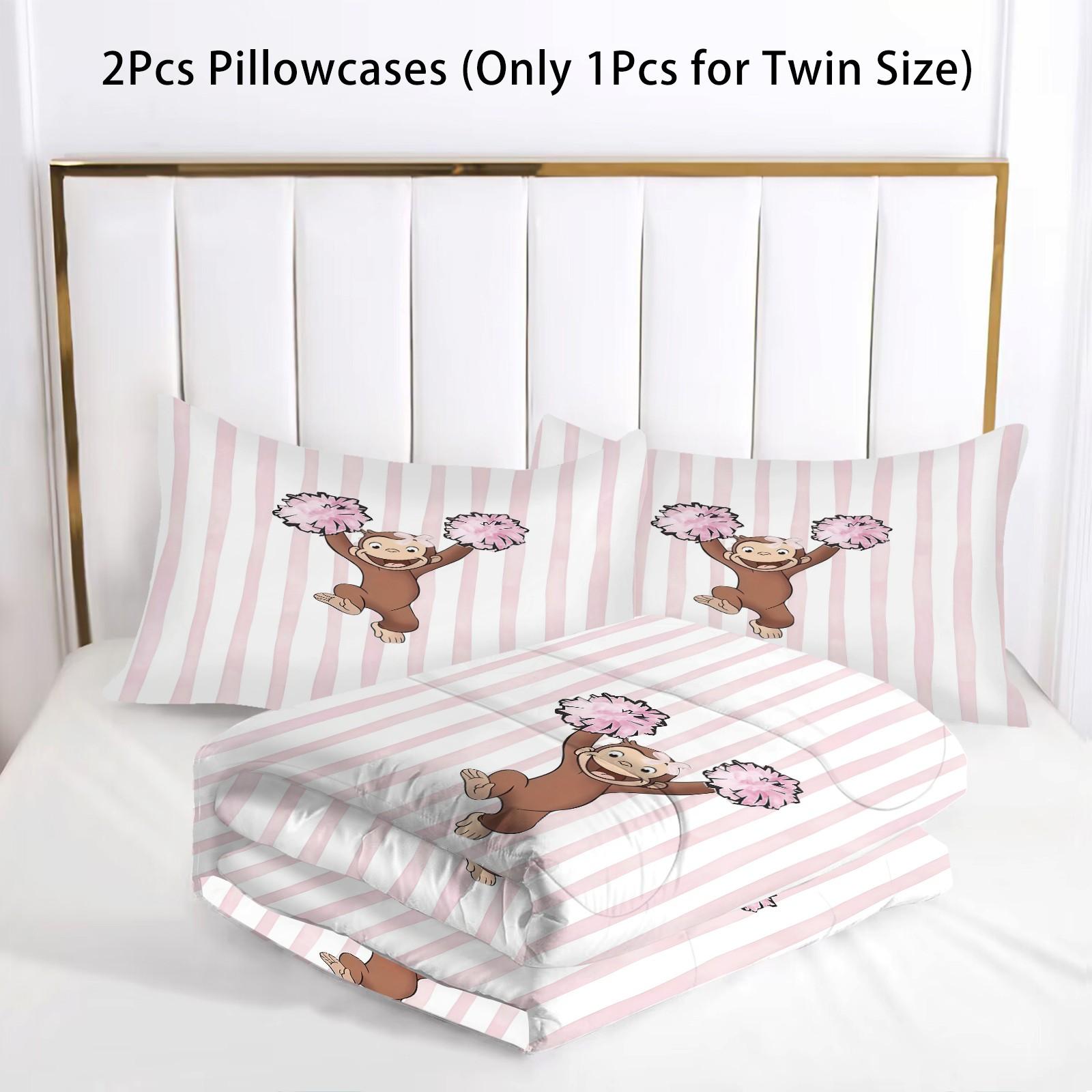 2/3 Piece Curious George Comforter Set, 1 Comforter + 1/2 Pillowcases, Cute Cartoon Monkey Cheerleader Diving Bedding, Kids Bedroom Decor for Girls Boys Teens, Ideal Gift for Curious George Fans