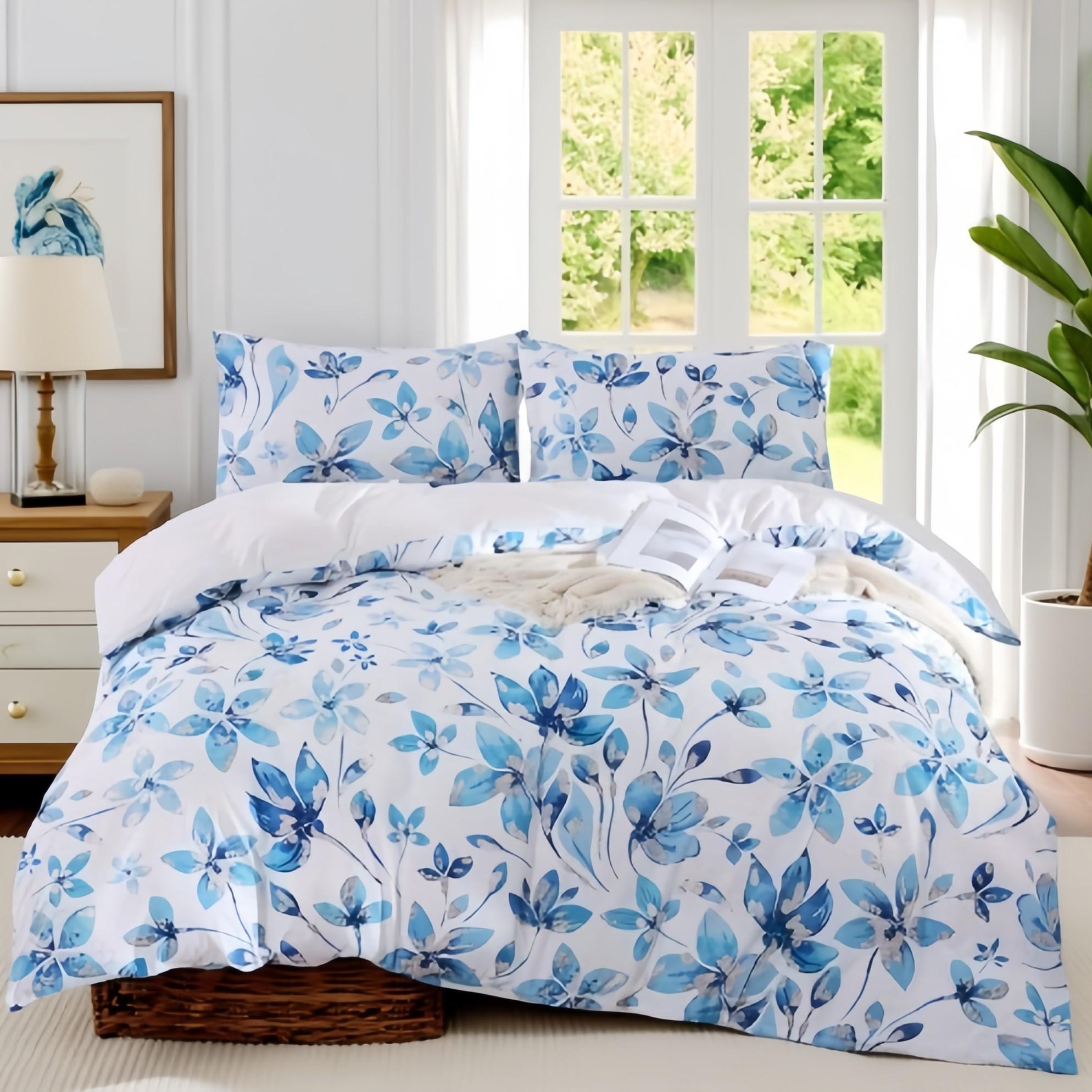 Elegant Blue Floral Print 3-Piece Duvet Cover Set, Includes 1 Duvet Cover + 2 Pillowcases (Without Insert), Elegant & Soft, Machine Washable for Easy Care