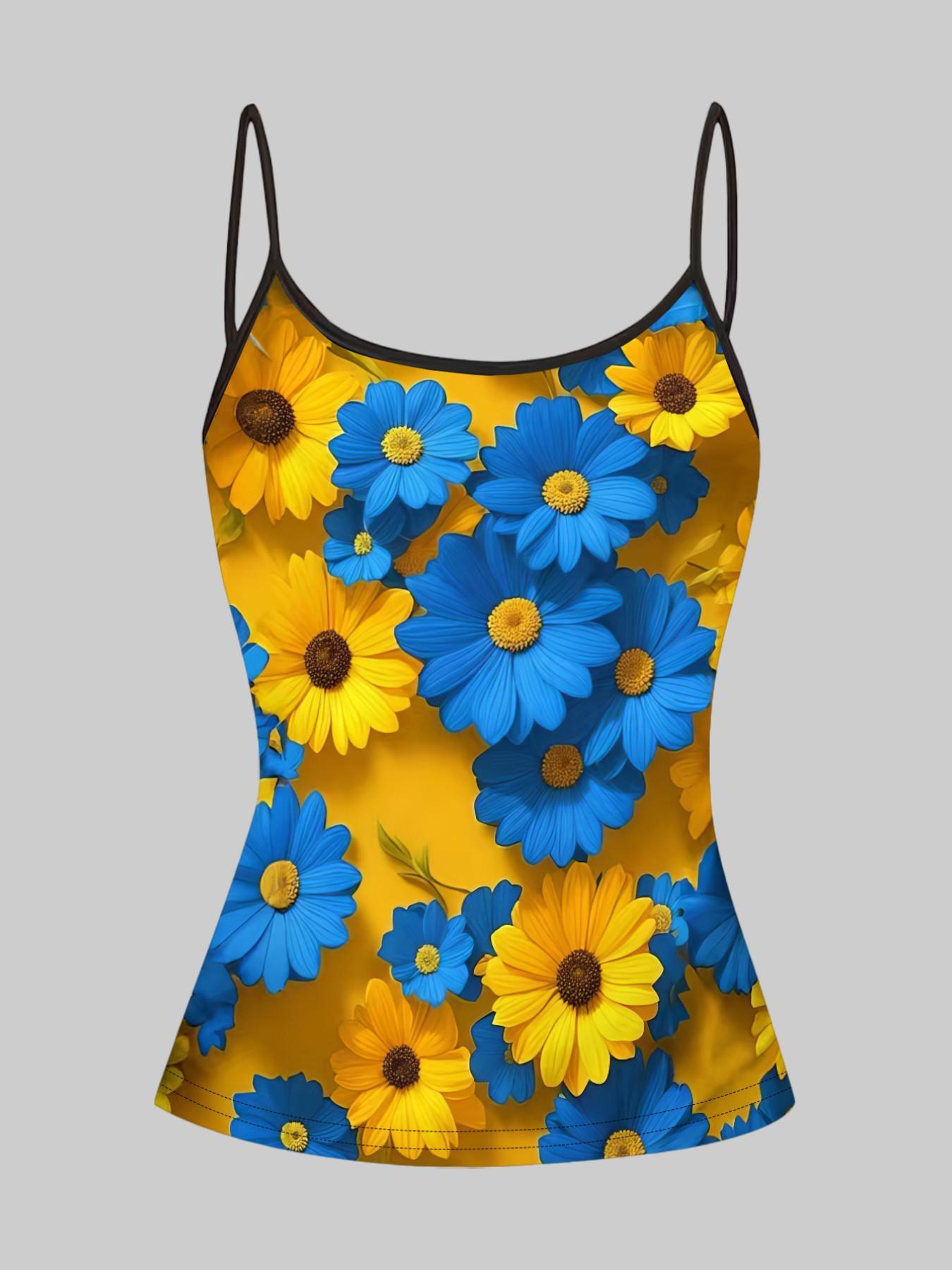 Sunflower Daisy Print Halter Top, Summer Home Sleepwear Outerwear, Unique Slim Fit Shirt, Four-Piece Set, Casual Style