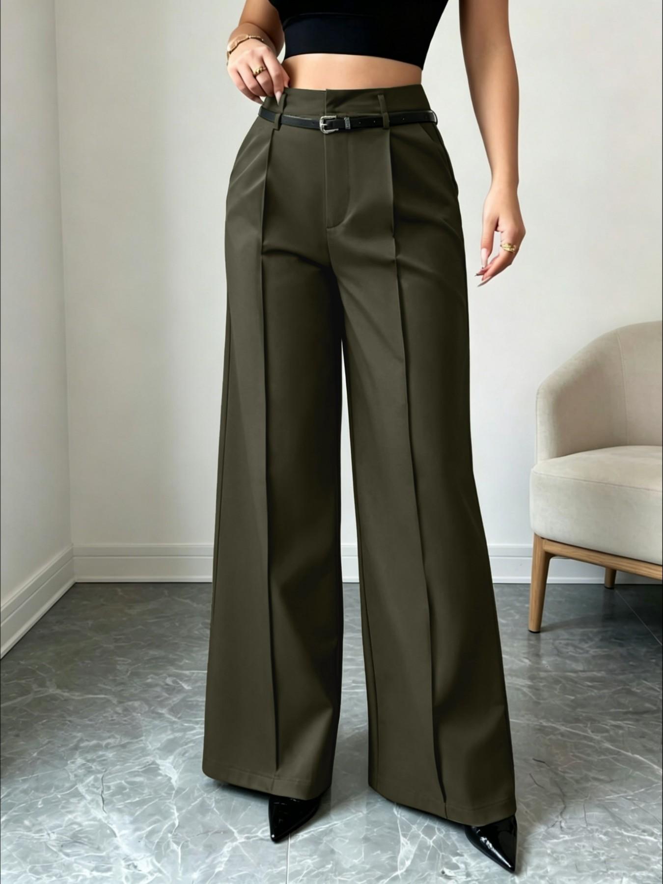 New Women's High-Waisted Wide-Leg Suit Pants, Button Pleated Design with Belt, Casual Elegant Comfortable Style for Daily Commute