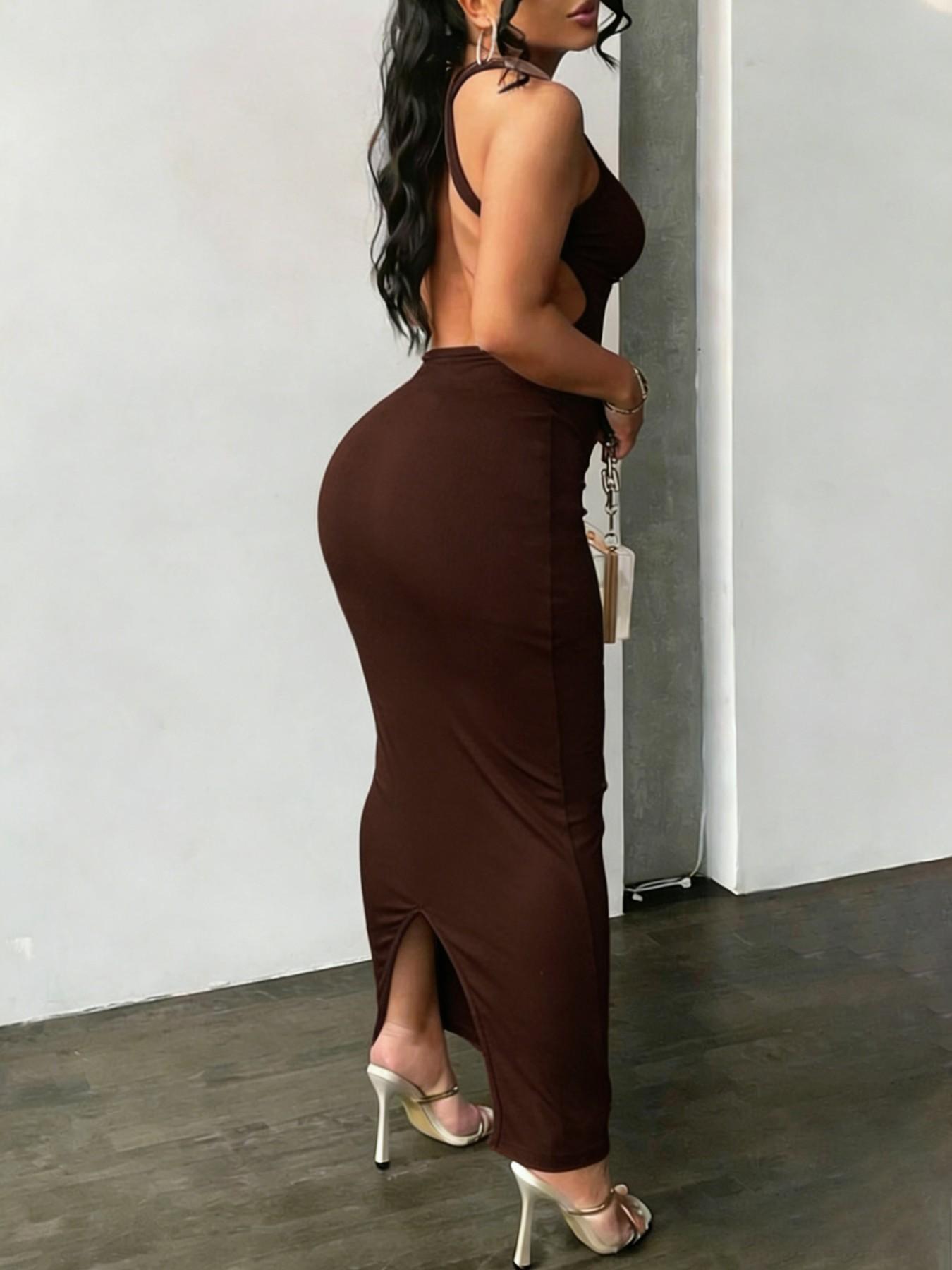 Women's Sexy Chic Off-Shoulder Midi Dress, Backless Criss Cross Design, Split Hem, High Stretch Fabric, Casual Long Sleeveless Dress