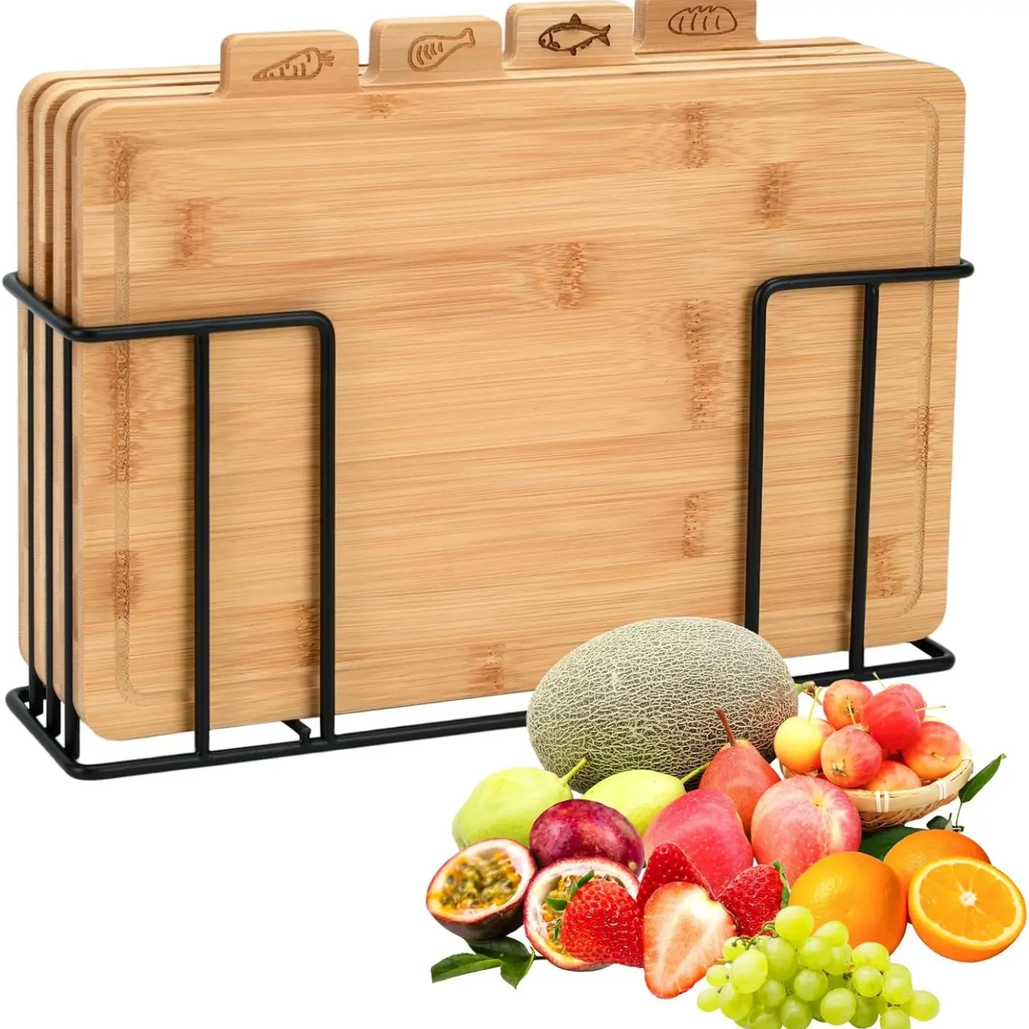 4-Piece Cutting Boards with Holder Sets for Kitchen Wood Chopping Block for Meat Fish Vegetables Food Chopping Wood Boards Set