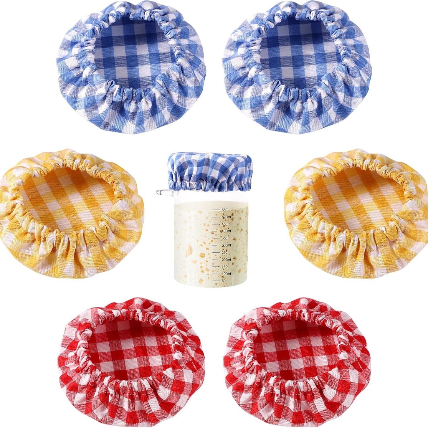 6pcs Jar Cloth Covers, Plaid Cloth Jar Covers Elastic Unbleached Cloth lid Reusable Sourdough Starter Bowl Cover Dough Basket Cover Preserving Lids Food Storage for 3-4 Inch Jar Mouth Kitchen Baking Supplies