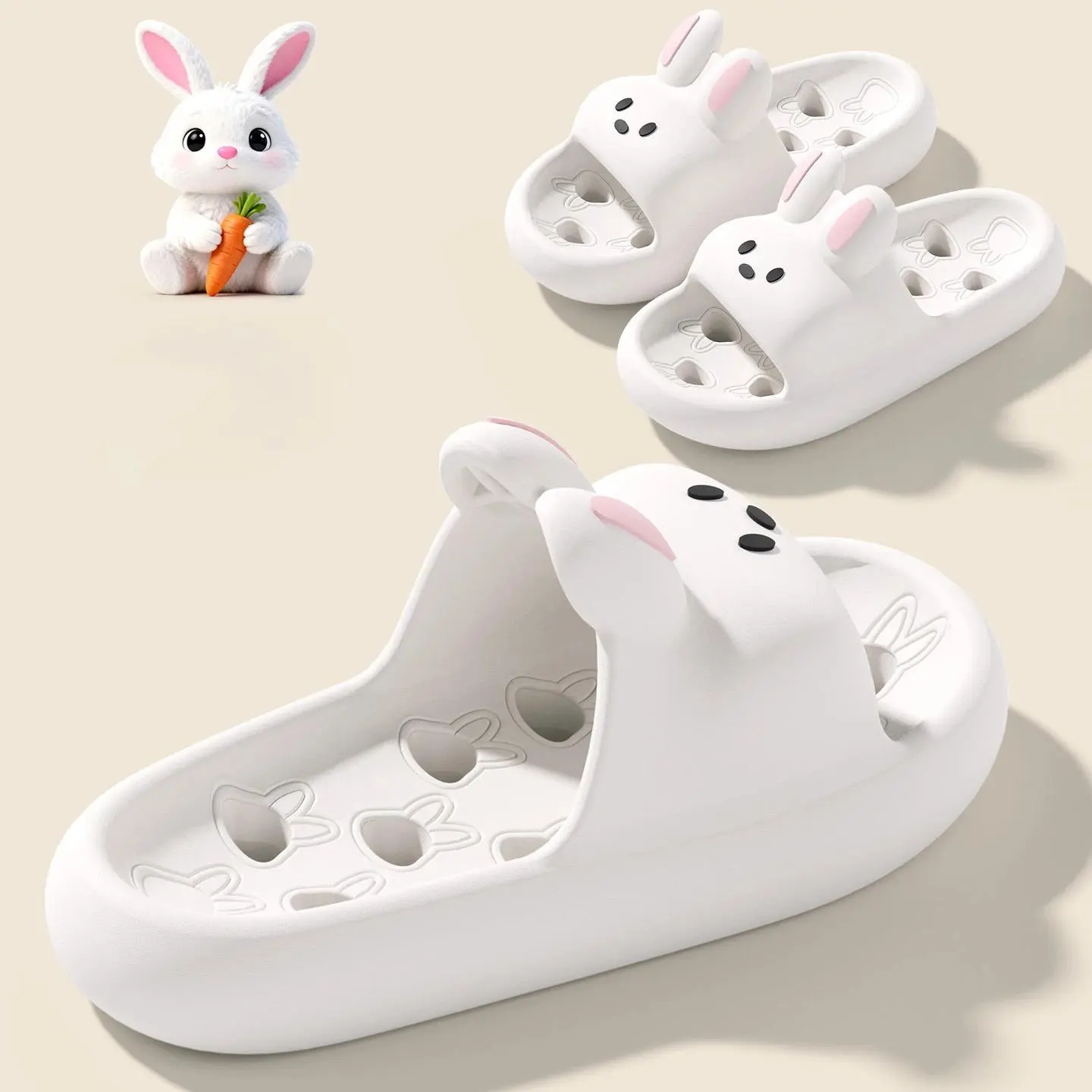 Cute Bunny Summer Slides, Unisex Couple Bathroom Slippers, Non-Slip Drainage Indoor Outdoor Sandals for Home