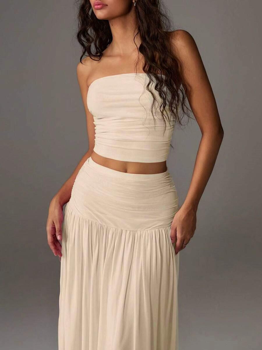Women's Mesh Solid Color Halter Top Sleeveless and Long Dress Two-Piece Set, Breathable Summer Outfit, Elegant and Comfortable for Daily Wear, Neck Top Set