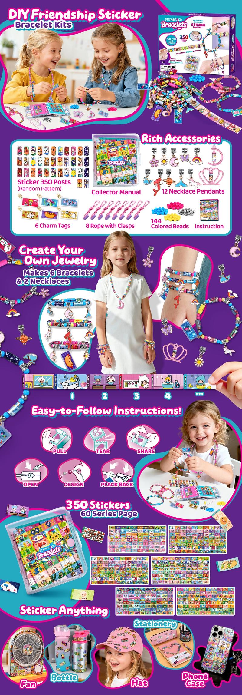 350 DIY Sticker Bracelet Kit with 12 Charms, Colorful Beads, Collectible Book, Jewelry Making Craft Set for Fun and Creativity, Creative Craft Kit