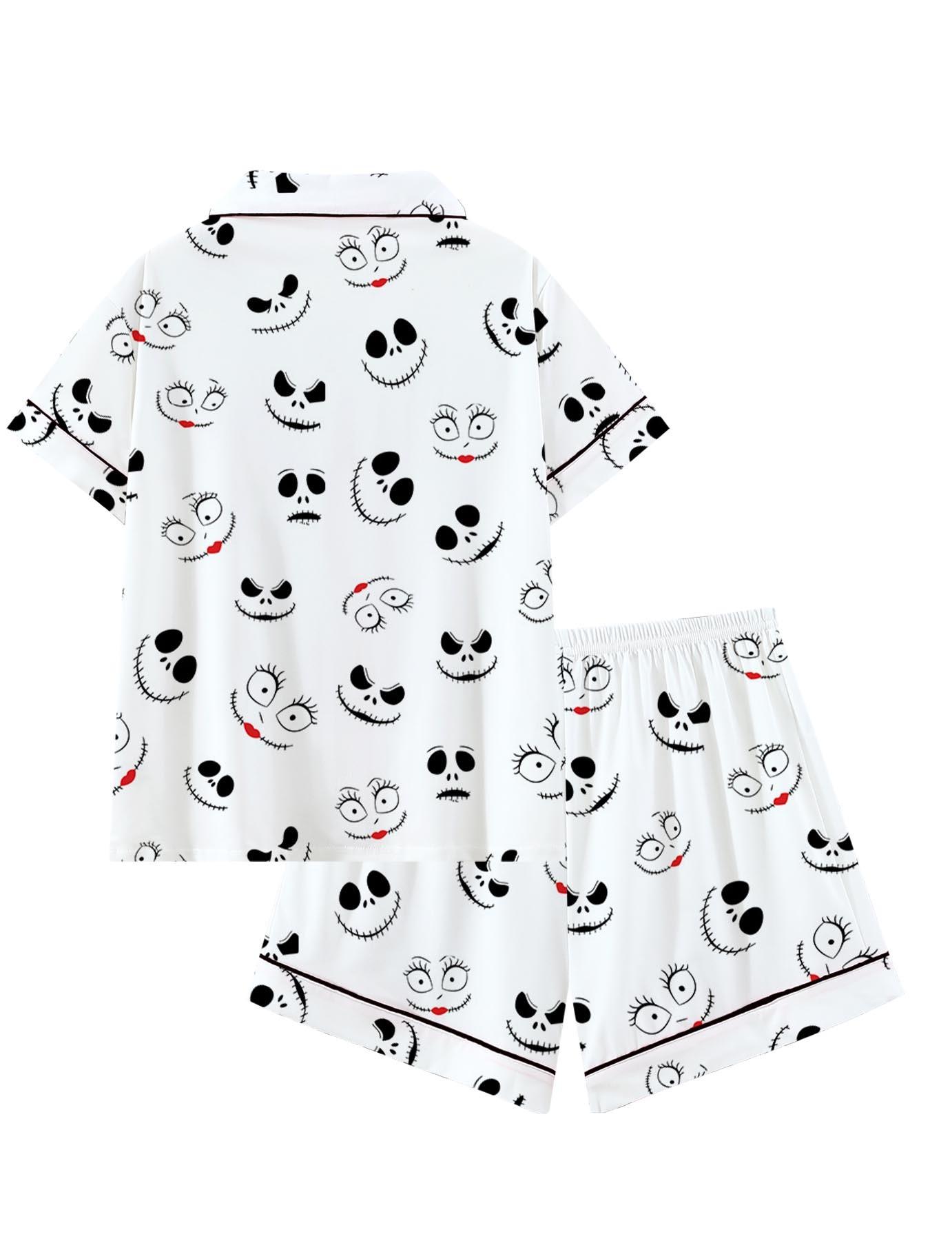 Creepy Cute Skeleton Halloween Pattern Short Sleeve Pajama Set, Spooky Stitched Face Graphic Sleepwear with Black Piping, Goth Style Summer Loungewear Set, Fun 2-Piece PJs