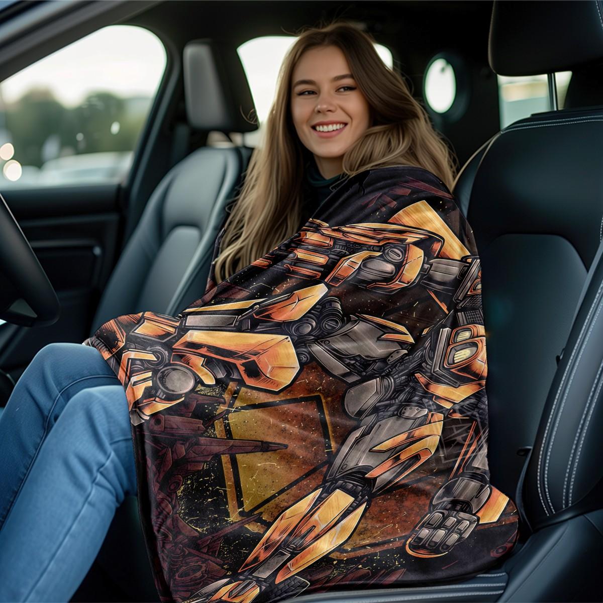 Vintage Transformers Flannel Blanket, Bumblebee Full Print, Thick Comfortable Sofa Cover, Festival Gift, Multi-Purpose Throw Blanket