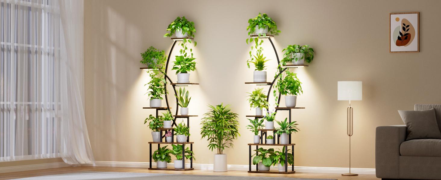 2 Pcs Plant Stand Indoor with Grow Lights - 8 Tiered Tall Plant Shelf, 65" Metal Shelves for Plants Multiple, Large Curved Half-Moon Flower Holder Stand Display Rack