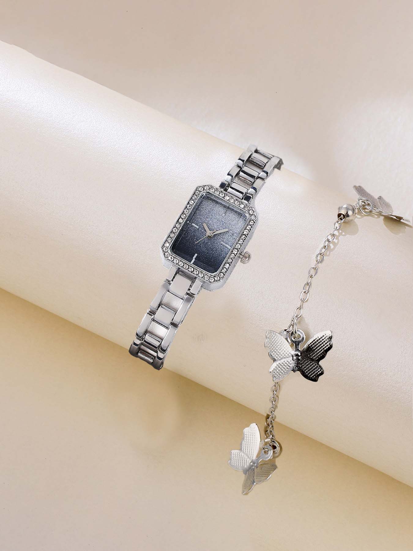 2-piece Women's Watch Set, Simple and Fashionable Full Sky Star Rhinestone Square Watch Set