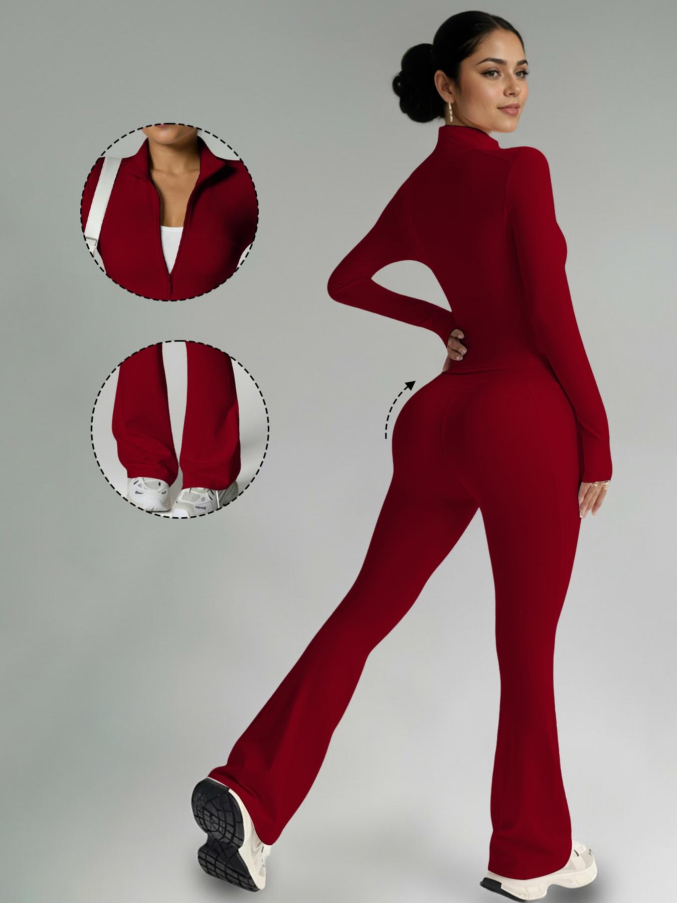 Women's Fashion Two-Piece Set, Slim Fit Long Sleeve Thumb Hole Cuffs, Zipper Front Jacket Style, High Waist Flared Pants, Fall & Winter Casual Wear