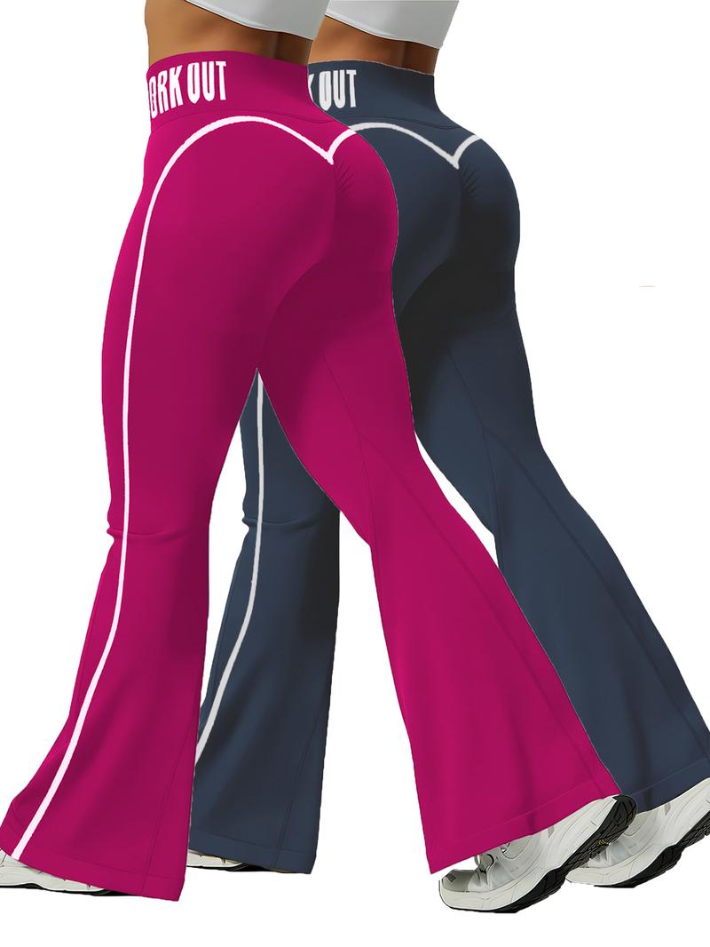 Women's Fall Winter Two-Piece Set Colorblock Letter Fitness Bell Bottom High Waisted Tight Yoga Pants High Waist Leggings