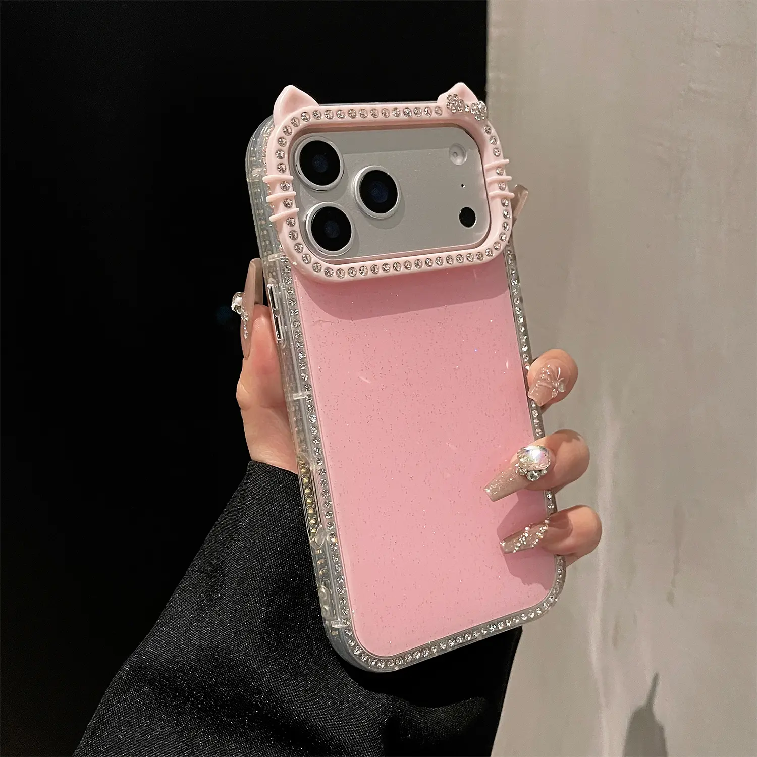 Sparkling Kitty Phone Case For iPhone 18 Pro Max/18 Pro 17 16 15 14, Rhinestone Cat Ear Camera Frame, Shiny Holographic TPU Shockproof Protection Phone Cover