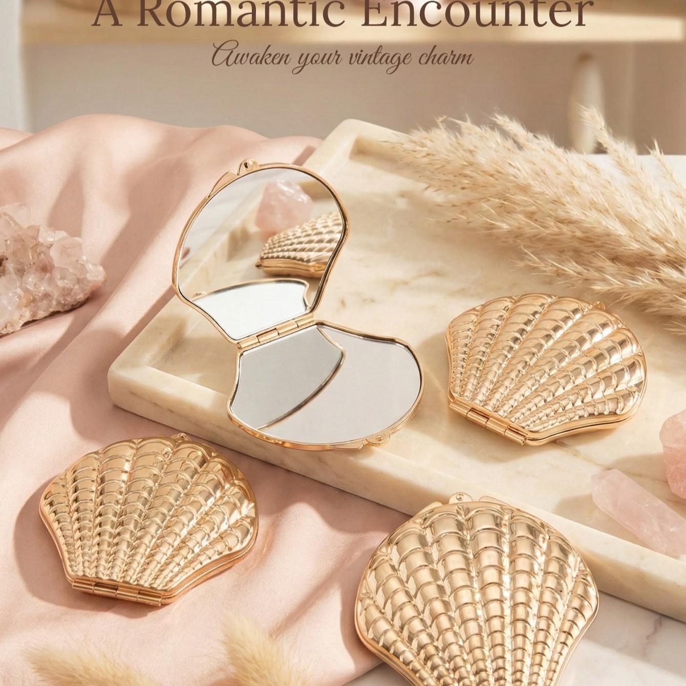 Shell Shape Dual-Sided Makeup Mirror, Silver Color Options, Portable Anti-Shock, Perfect Gift for Women, Ideal for Holidays
